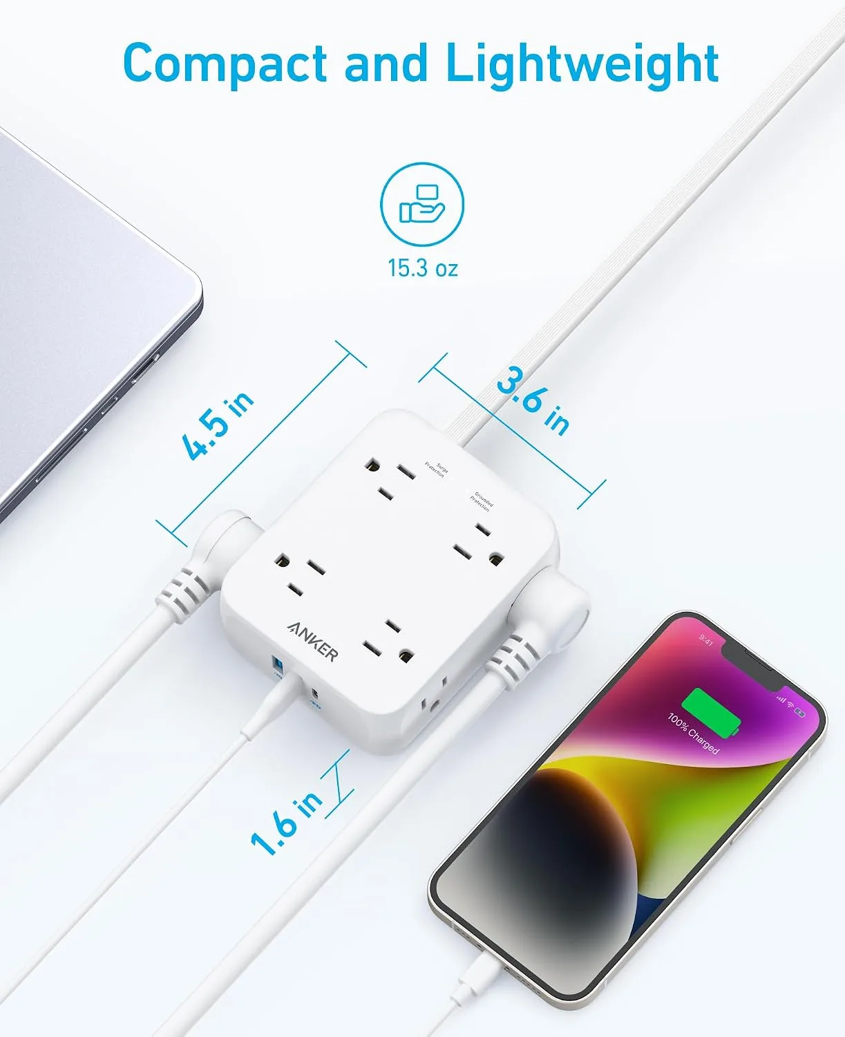 Anker Surge Protector Flat Plug Power Strip 2000J, 5ft Thin Extension Cord, 8 Outlets,2 USB A and 1 USB C Port,20W for iPhone15,Wall Mount,Compact for Home,Office,Room,TUV Listed (Pack of 2)