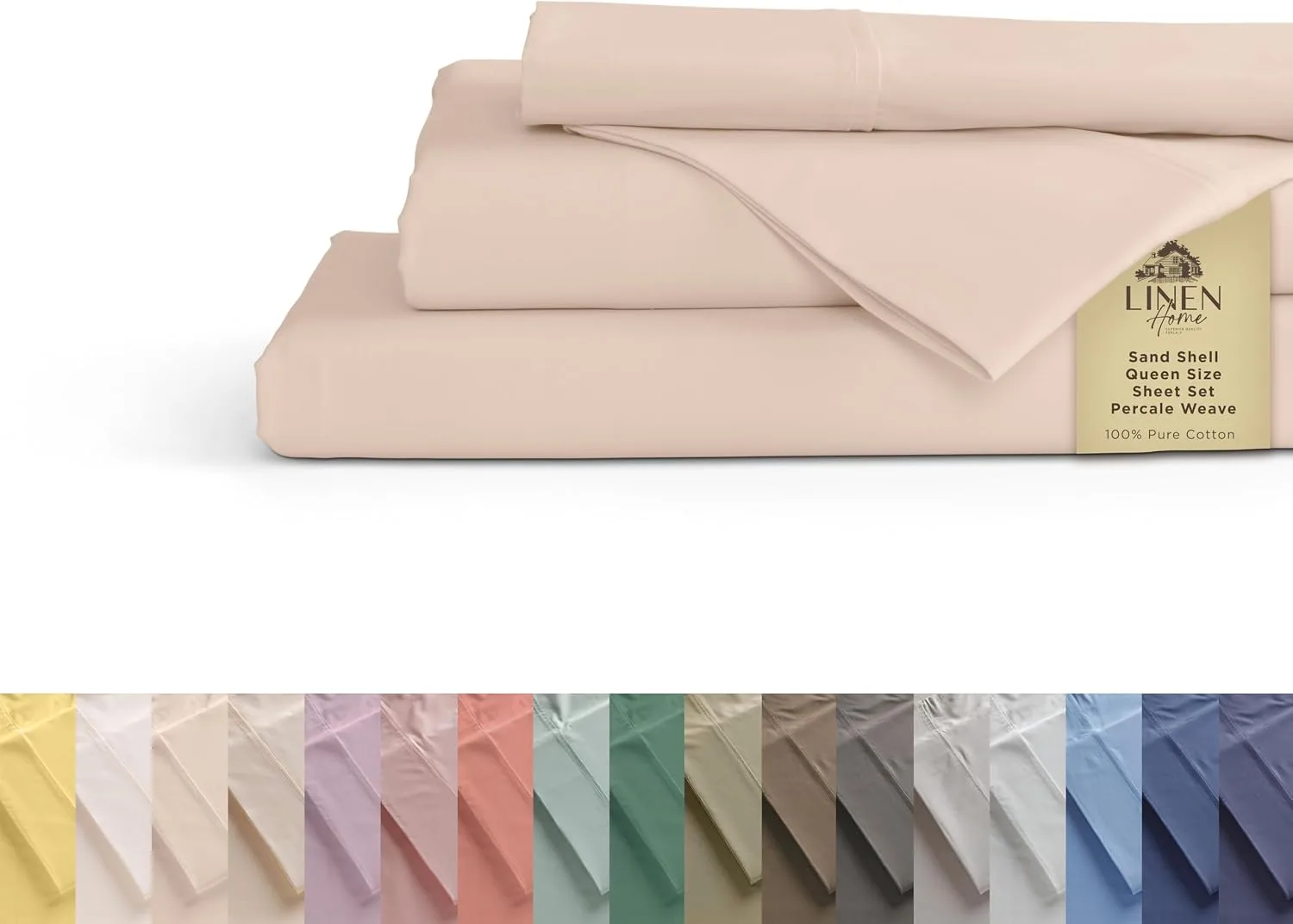 Linen Home 100% Cotton Percale King Sheets, 4 Pc Cooling Set - Sand Shell