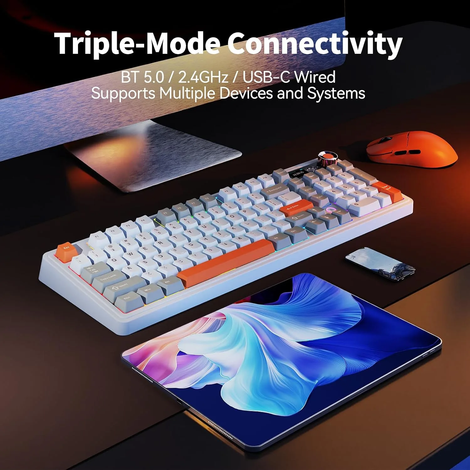 AJAZZ AK980 V2 Tri-Mode Wireless Creamy Mechanical Gaming Keyboard with TFT Smart Display Screen & Knob, 10,000mAh Battery, 98-Key Layout, Hot-Swappable, Gasket-Mounted, Quiet Computer Keyboard