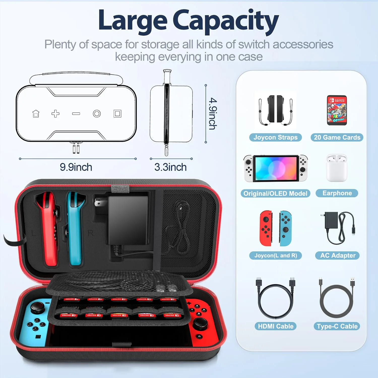 Switch Carrying Case Compatible with Nintendo & OLED, Portable Switch Travel Carry Case Fit for Joy-Con and Adapter, Hard Shell Protective OLED Pouch Bag with 20 Games, Red For N DS Cases & Storage