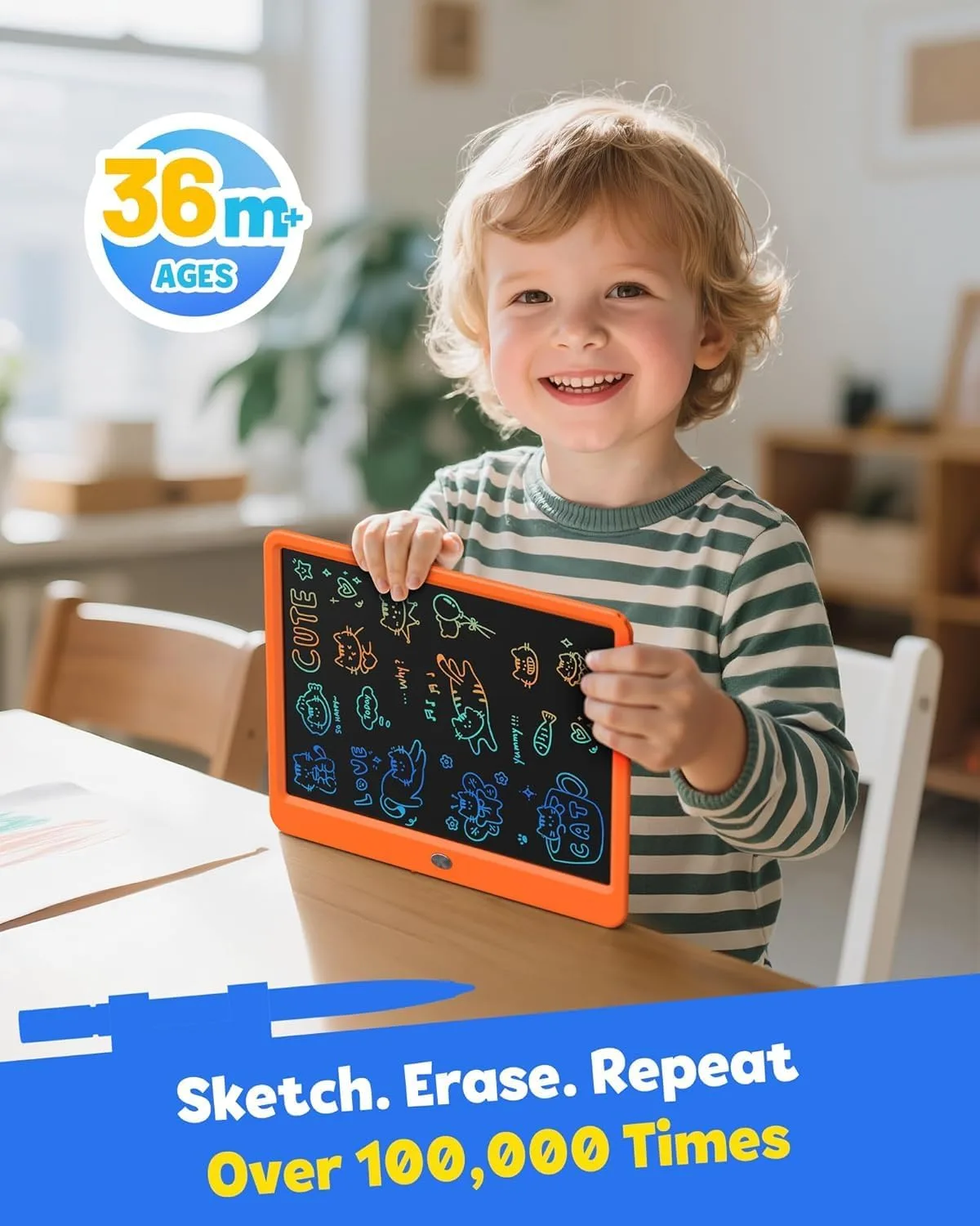 TEKFUN 12" LCD Writing Tablet for Kids Ages 5–8, Fun Drawing Board that Keeps Kids Busy Anywhere, Screen-Free Doodle Pad for Travel, Play & Everyday Use, Easy Gift Idea for Kids (Orange)