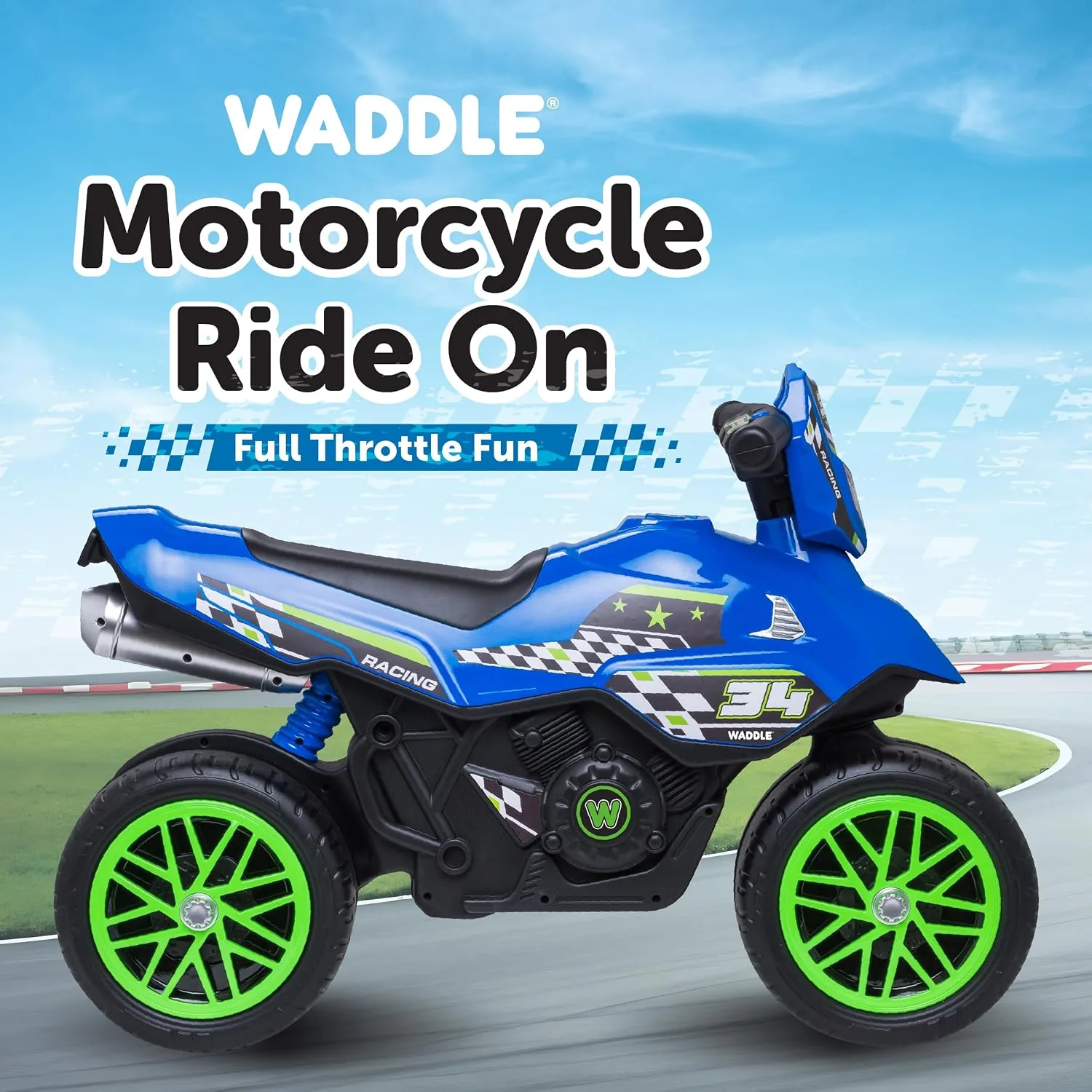 Waddle Kids Motorcycle Balance Bike - Toddler Ride on Toys w/Sounds, Wide Wheel Base, Rubber Coated Wheels, Foot to Floor Toddler Car Up to 44 Lbs, Motorbike for Kids Ages 18 Months to 3 Yrs, Blue