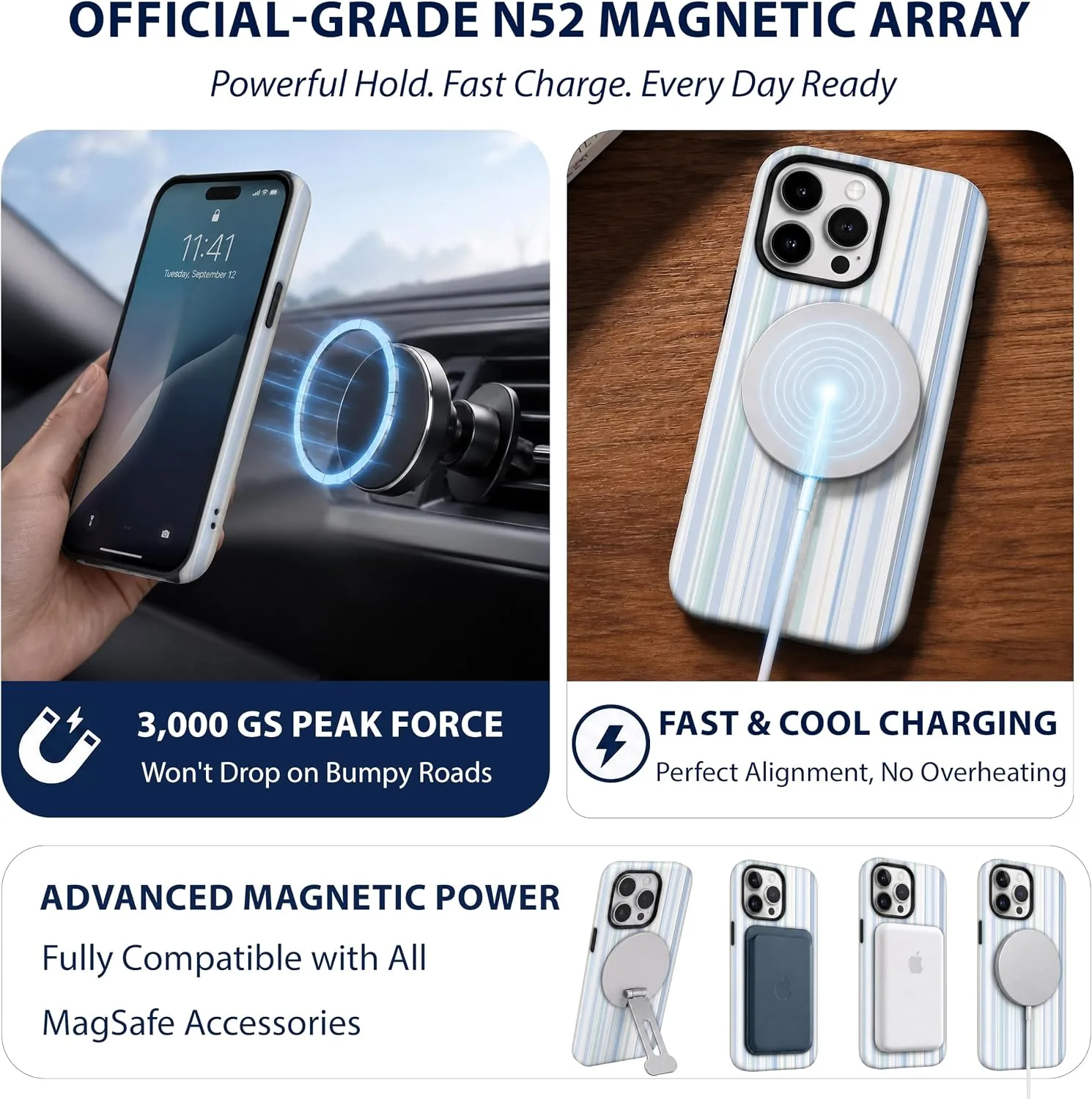 Magnetic for iPhone 15 Pro Max Phone Case, Pastel Blue Striped