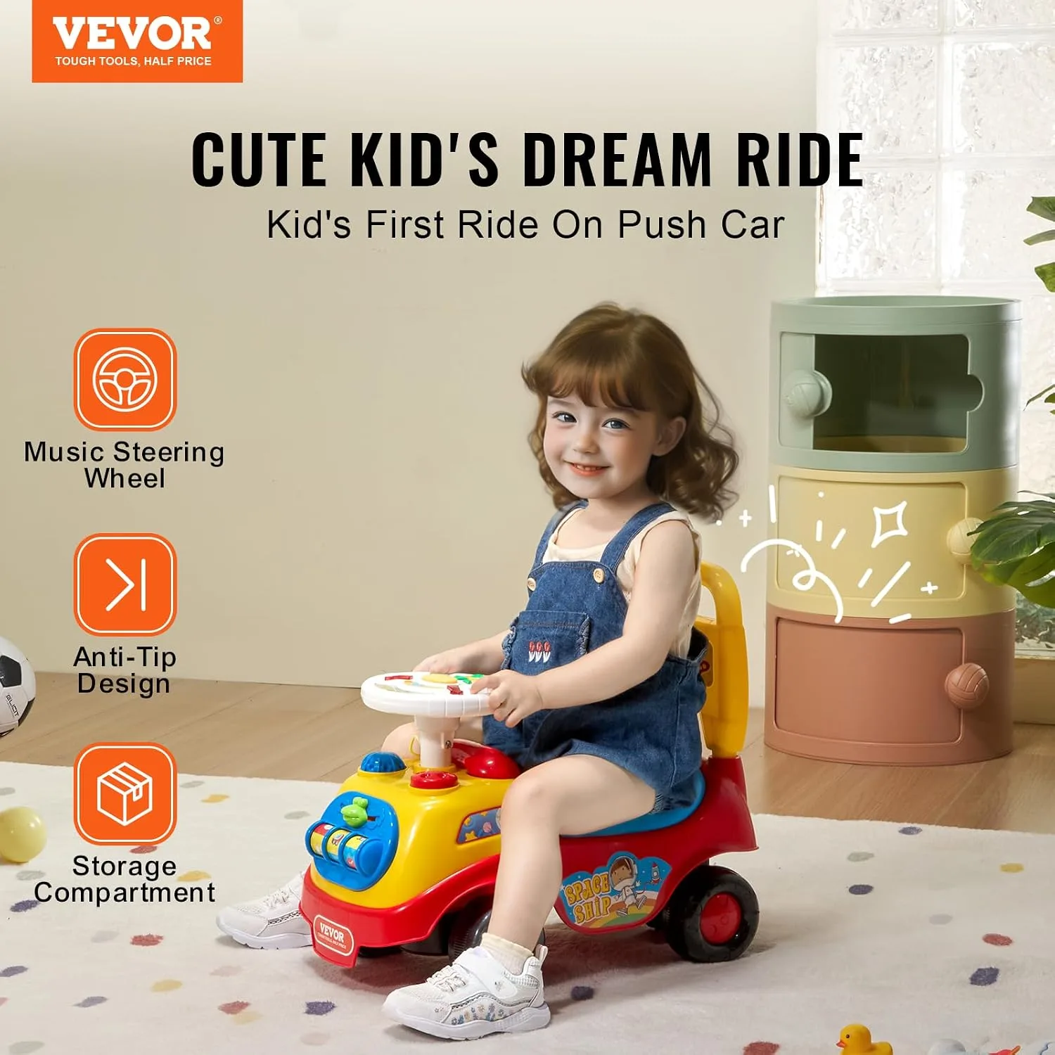 VEVOR Ride On Push Car for Toddlers, Ages 19+ Months, Ride Racer, Sit to Stand Toddler Ride On Toy, Kids Ride On Car with Music Steering, Horn & Under Seat Storage, Ride On Toy for Boys Girls,