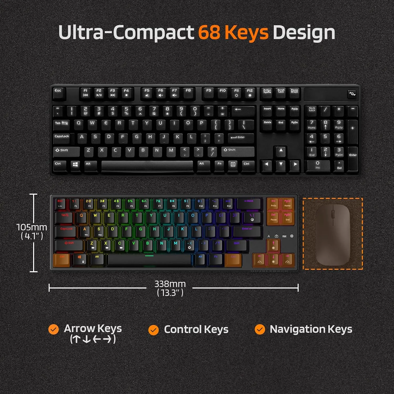 LTC NB681 Nimbleback Wired 65% Mechanical Keyboard, RGB Backlit Ultra-Compact 68 Keys Gaming Keyboard with Hot-Swappable Switch and Stand-Alone Arrow/Control Keys (Hot Swappable Blue Switch, Black)