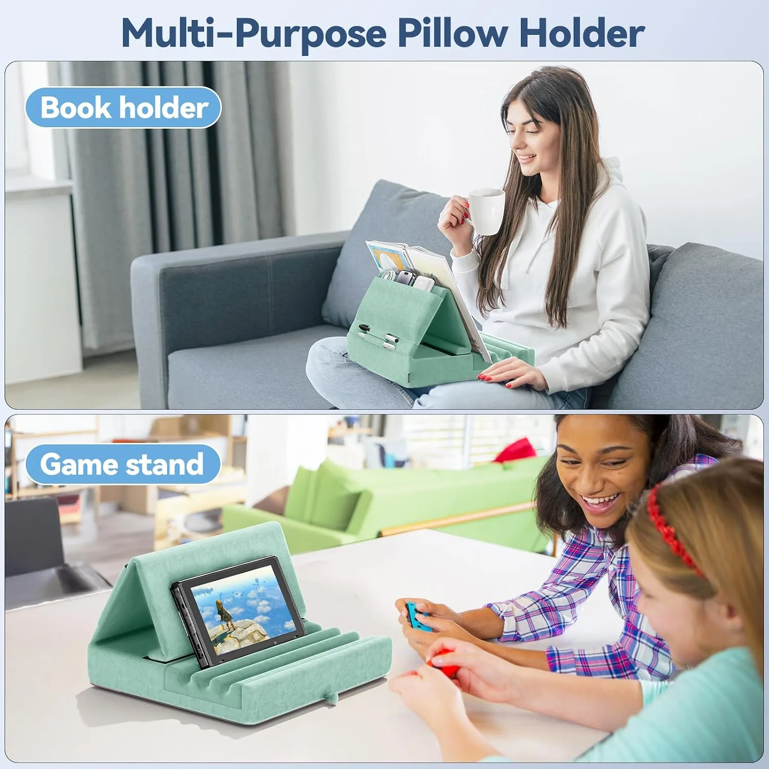 KDD Tablet Pillow Holder, Foldable iPad Stand for Lap, Bed and Desk -Tablet Soft Pad Dock with Pocket & Stylus Mount Compatible with iPad Pro 12.9, 10.5, 9.7 Air Mini 6 5 4 3, E-Reader