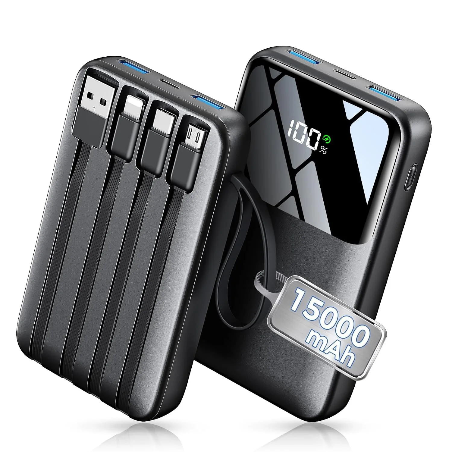 HELLEE 15000mAh Portable Charger Power Bank, 45% Smaller Built-in 4 Cables