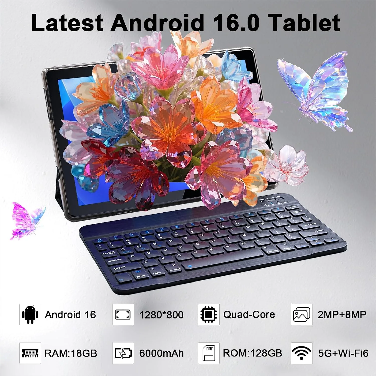 Tablet Android 16 10 Inch 12GB RAM+64GB ROM/ 1TB Expandable, 1280 * 800 HD Touch Screen, 5G WiFi6 BT 5.0, 2 in 1 Tab with Keyboard Case Mouse Stylus (Black)