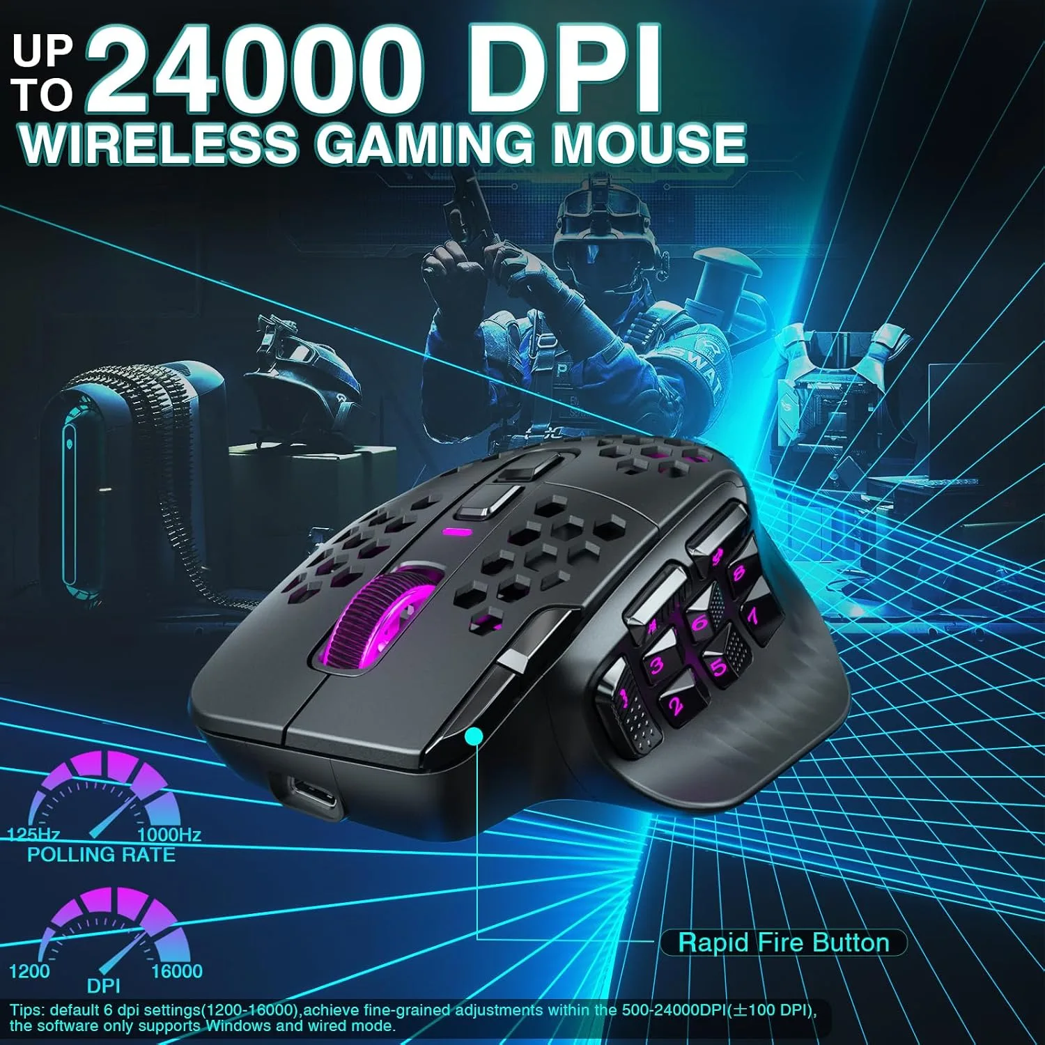 SOLAKAKA SM809 Pro Gaming Mouse with 9 Side Buttons,24000 DPI RGB Mouse for Gamer,16 Programmable Macros MMO Mouse,Black