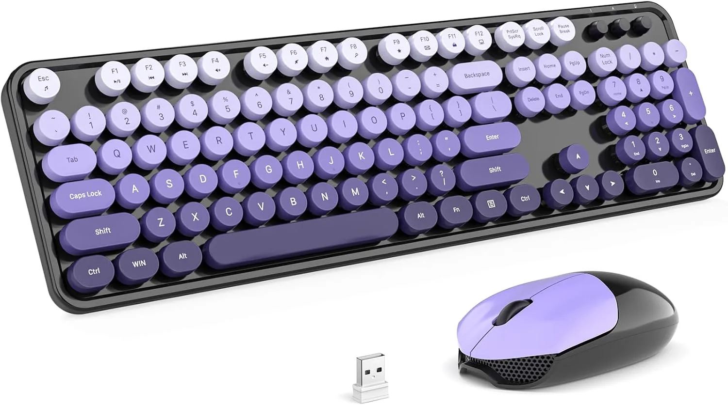 MOFII Wireless Keyboard and Mouse Combo, Full Size 2.4G Plug and Play Typewriter Retro Round Computer Keyboard and Mouse Set for Windows, Computer, Desktop, PC, Notebook - (Black Purple Gradient)