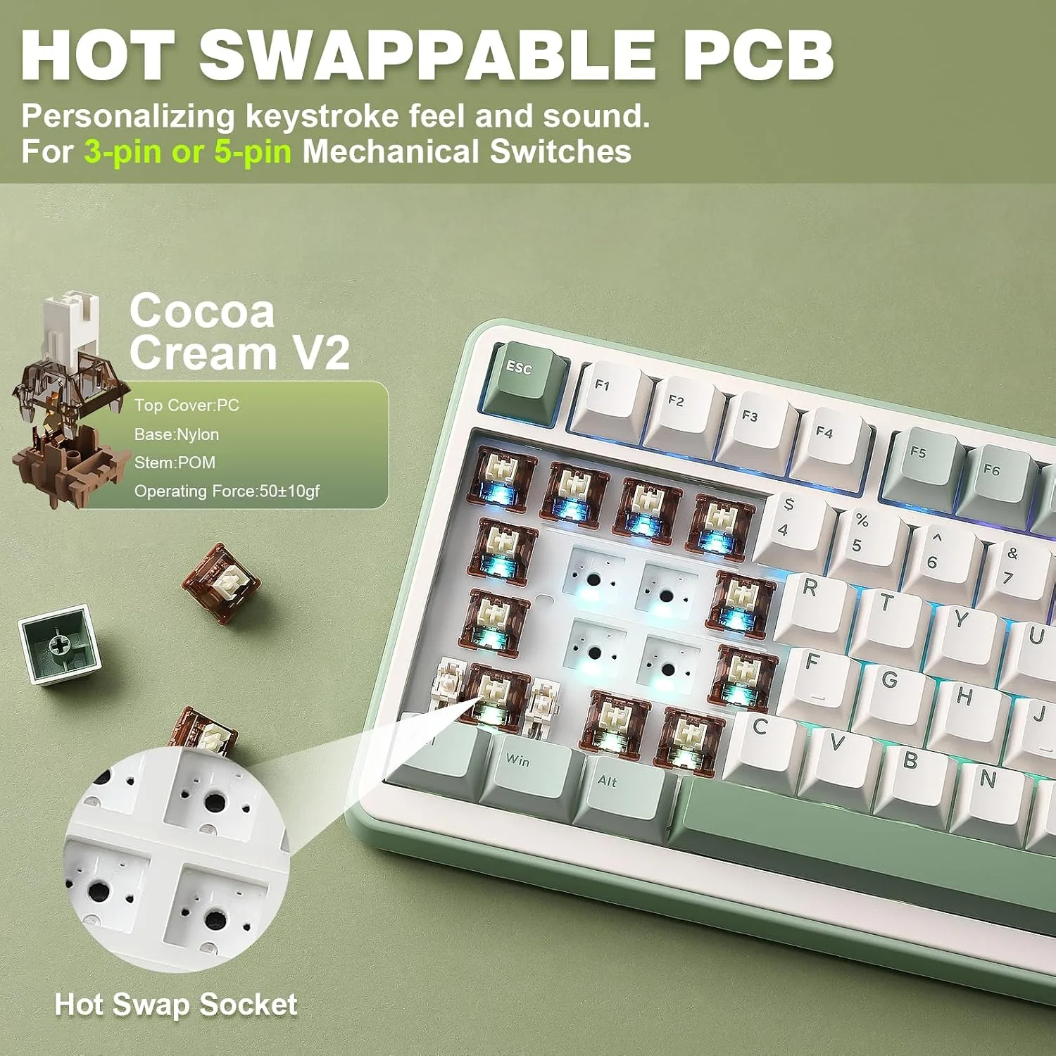YUNZII B75 PRO 75% Wireless Mechanical Keyboard(Matcha Green,Cocoa V2)