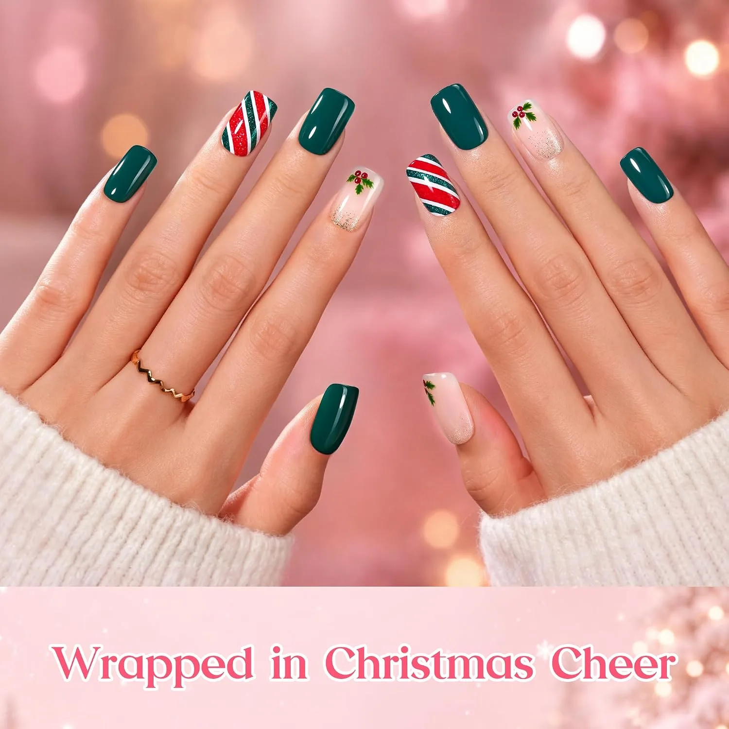 Beetles Christmas Press On Nail Tips, 224 Short Squoval, 16 Sizes