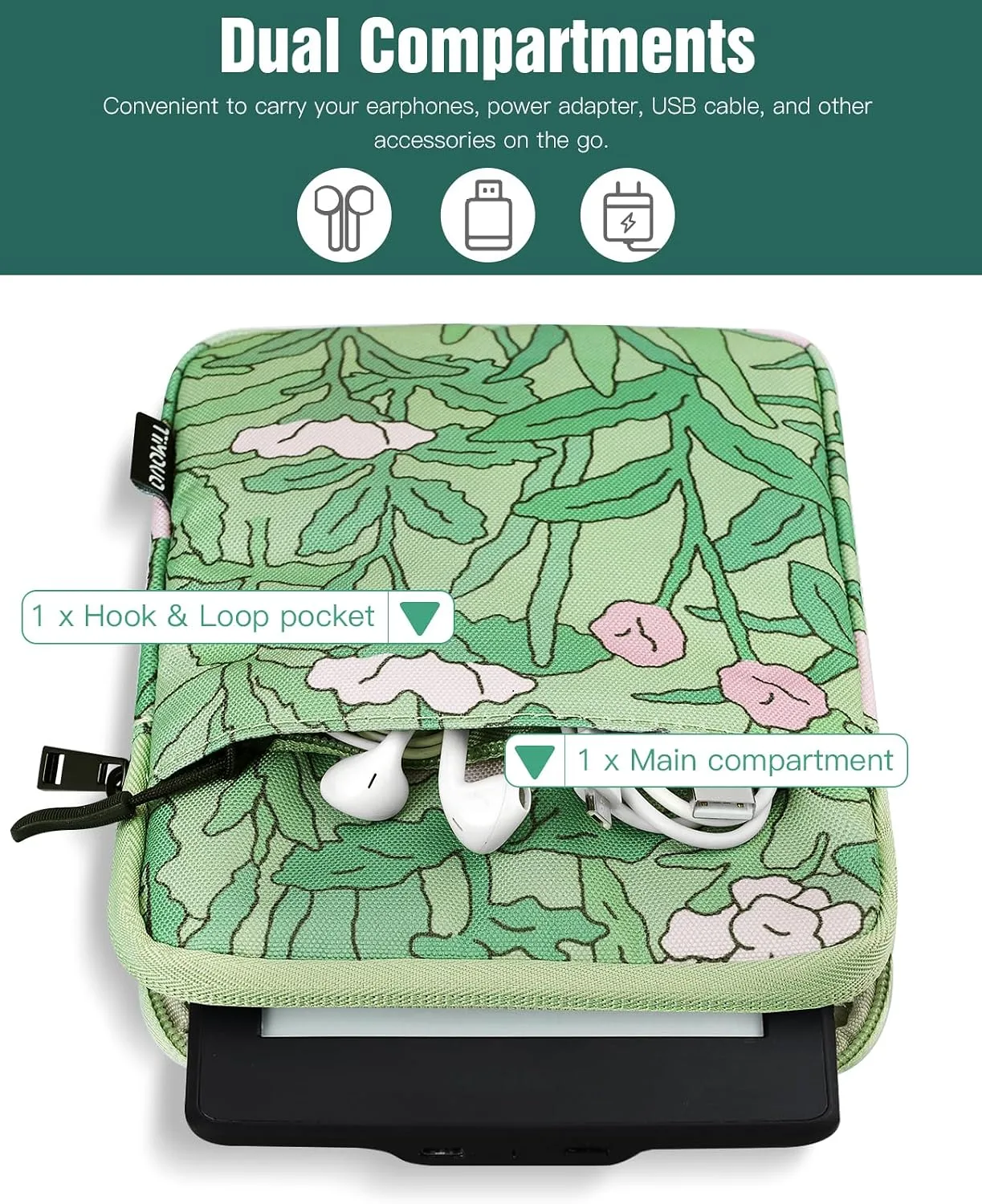 TiMOVO 6-7 Inch Sleeve Case for eReader, Green Flower