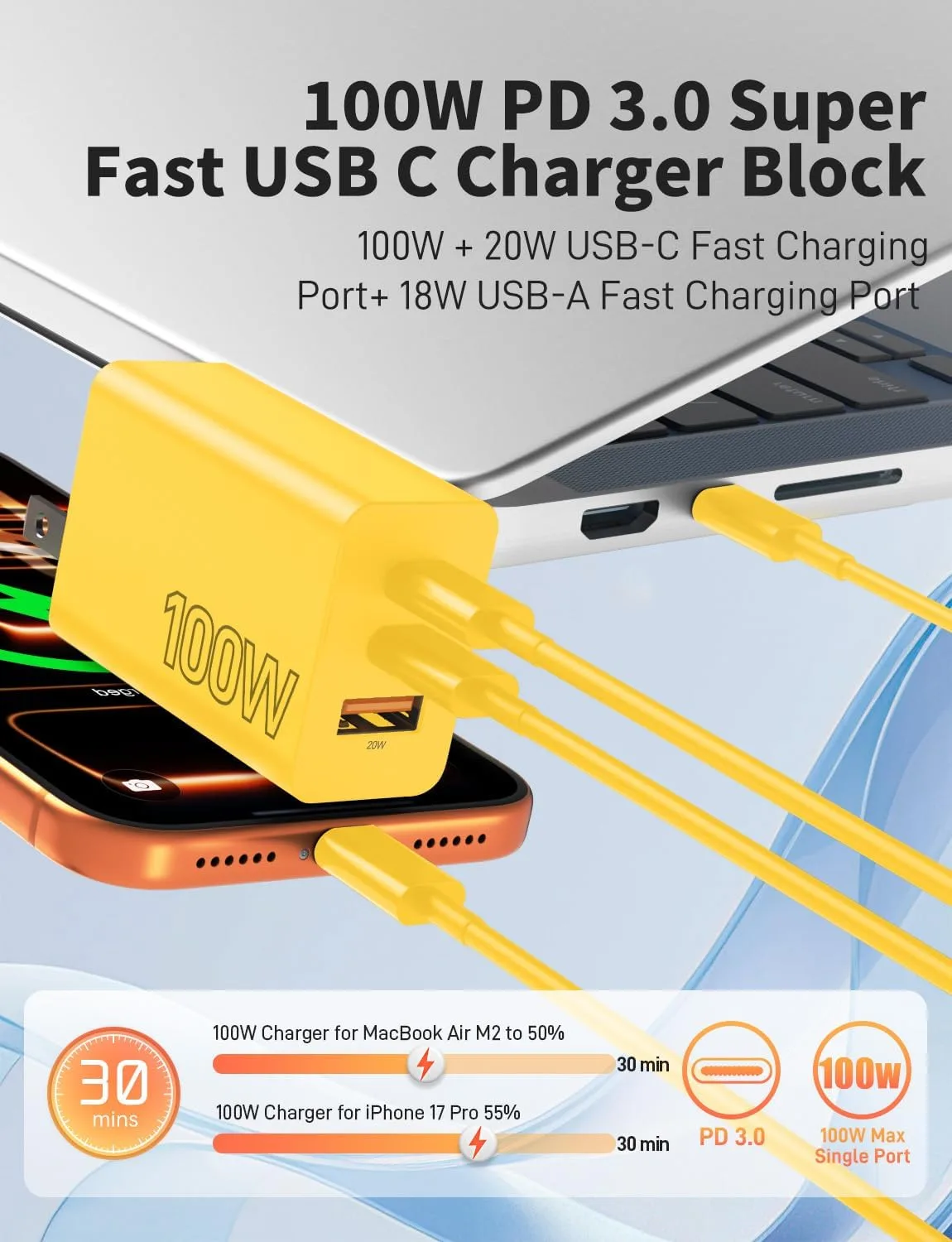 2Pack USB C Charger Block 100W,3-Port Super Fast Charging Wall Adapter