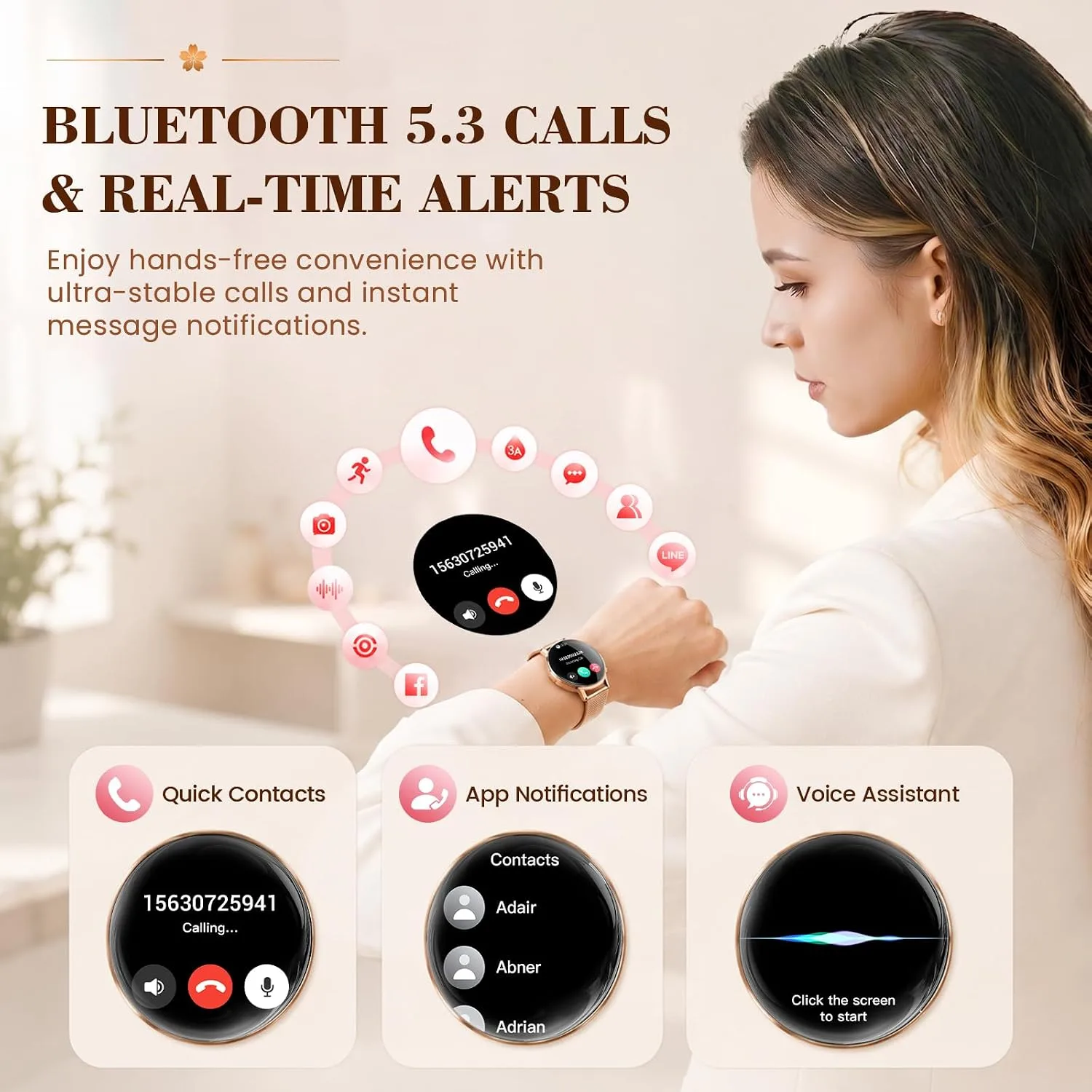 WalkerFit Smart Watch for Women Android/iPhone, 1.32" Curved AMOLED 2 Bands