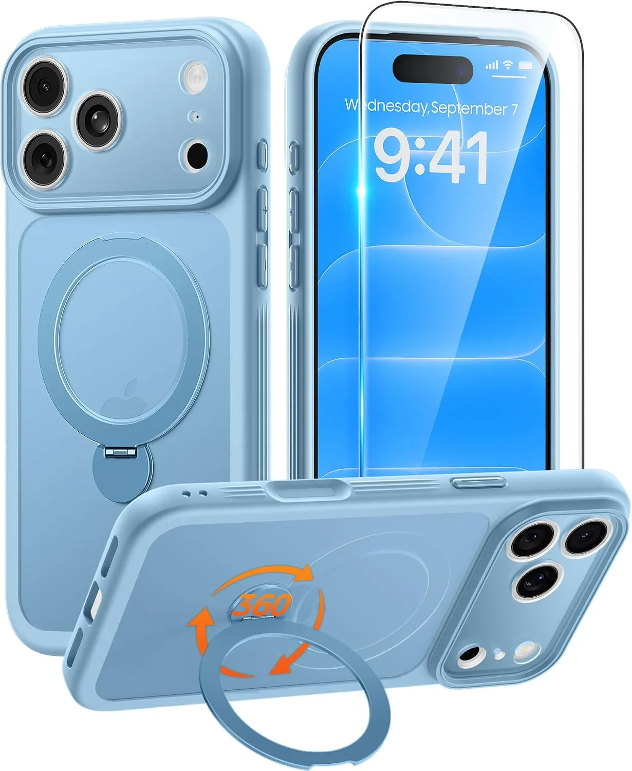 for iPhone 17 Pro Max Case with 360 Spin Stand, Sky Blue