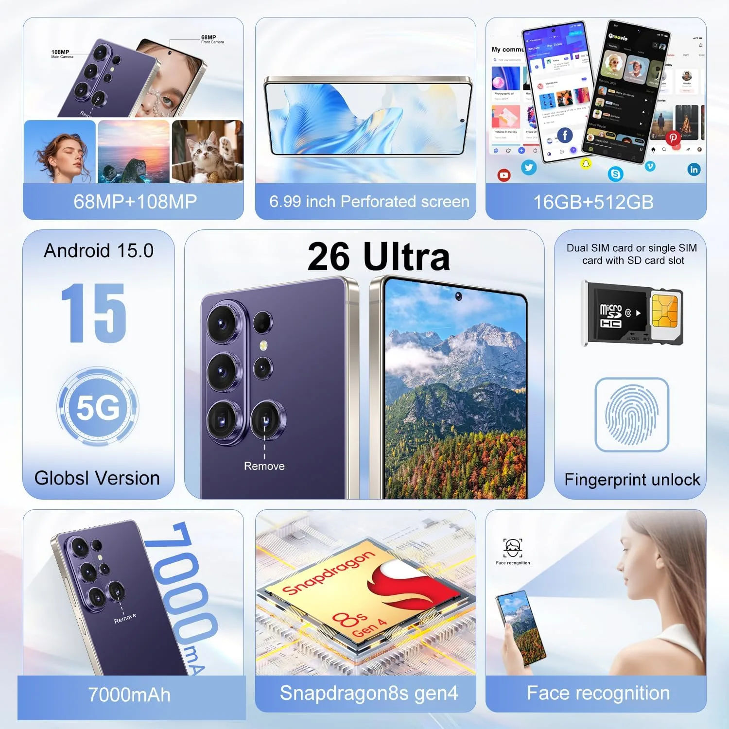 Huness S26 Ultra Unlocked Phone,Built in Pen The Phone,Cell Phone Battery 7000mAh 6.99" HD Screen,Android 15 16+512GB Smartphone,Dual SIM/5G/Face ID/Fingerprint Lock/GPS (Deep Purple)