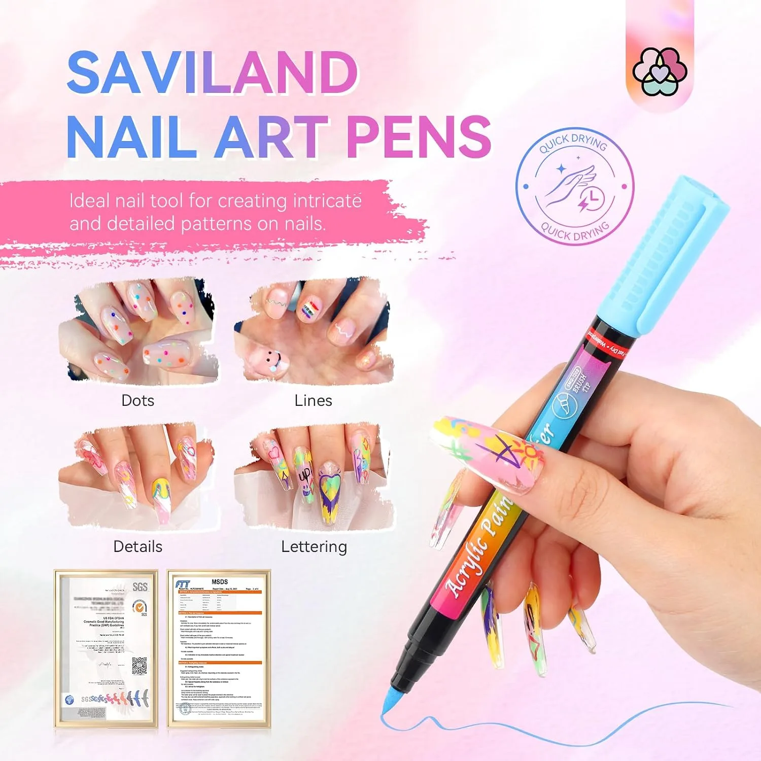 SAVILAND 12 Colors Nail Art Pens Set, 0.5mm Fine Tip Nail Polish Pens