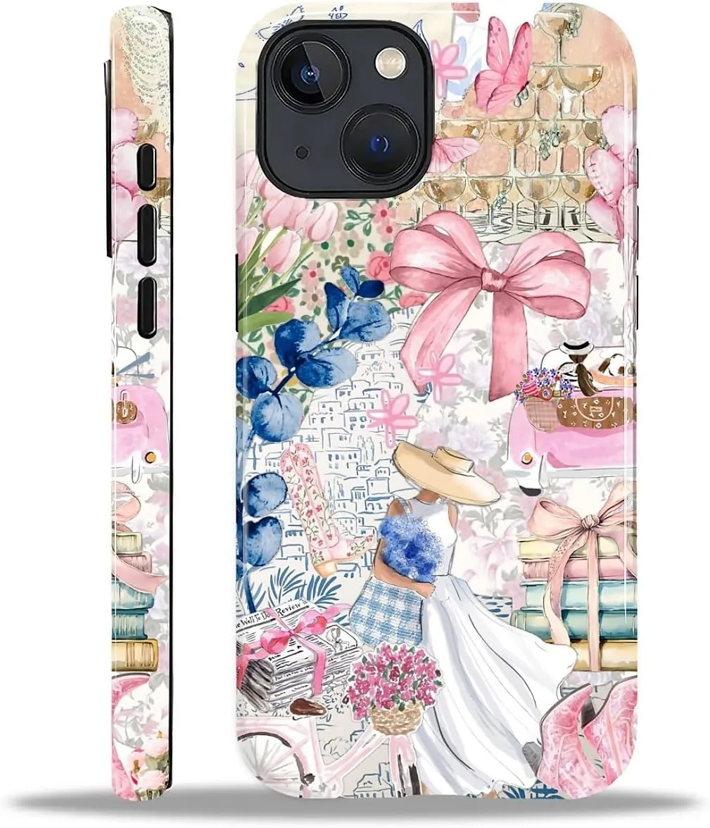 DAIZAG Case for iPhone 14 Plus,Mixed 2 Layer Design Shockproof Soft TPU Ddouble Protection Phone Case for iPhone 14 Plus-Magazine Books Flower Bow Collage
