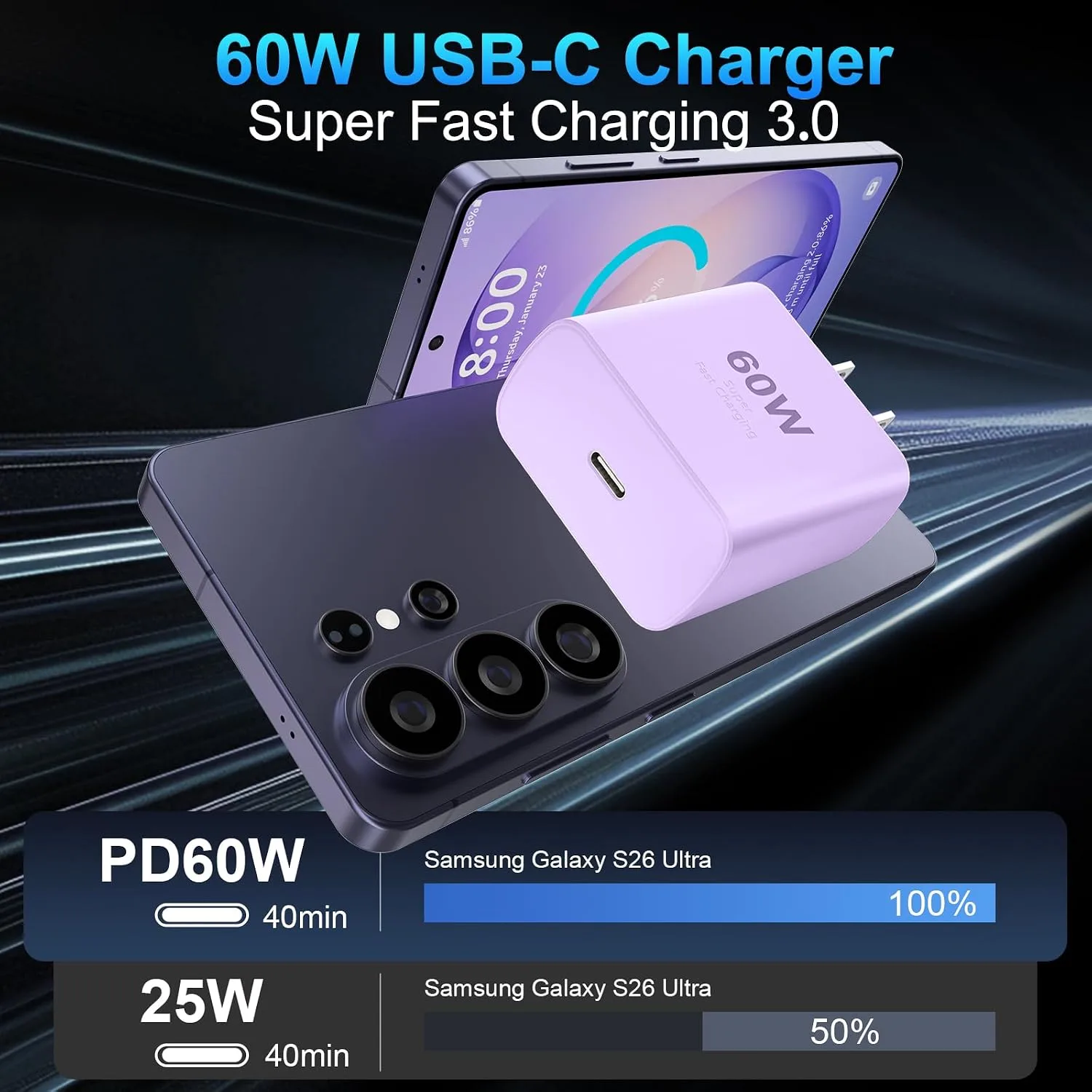 Super Fast Charger Type C 60W USB C Fast Charger Block with 10FT Extra Long Type-C Charging Cord-Super Fast Charging 3.0 for Samsung Galaxy S26 Ultra/S26/S26+/S25 /S24/S23 Ultra-Light Purple