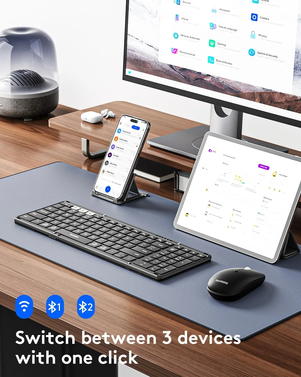 Foldable Keyboard and Mouse, Samsers Folding Bluetooth Keyboard Combo, 2.4G + BT5.0 x 2, Full-Size Portable Travel Keyboard & Rechargeable Wireless Mouse for Windows Android iOS Mac OS, Classic Black