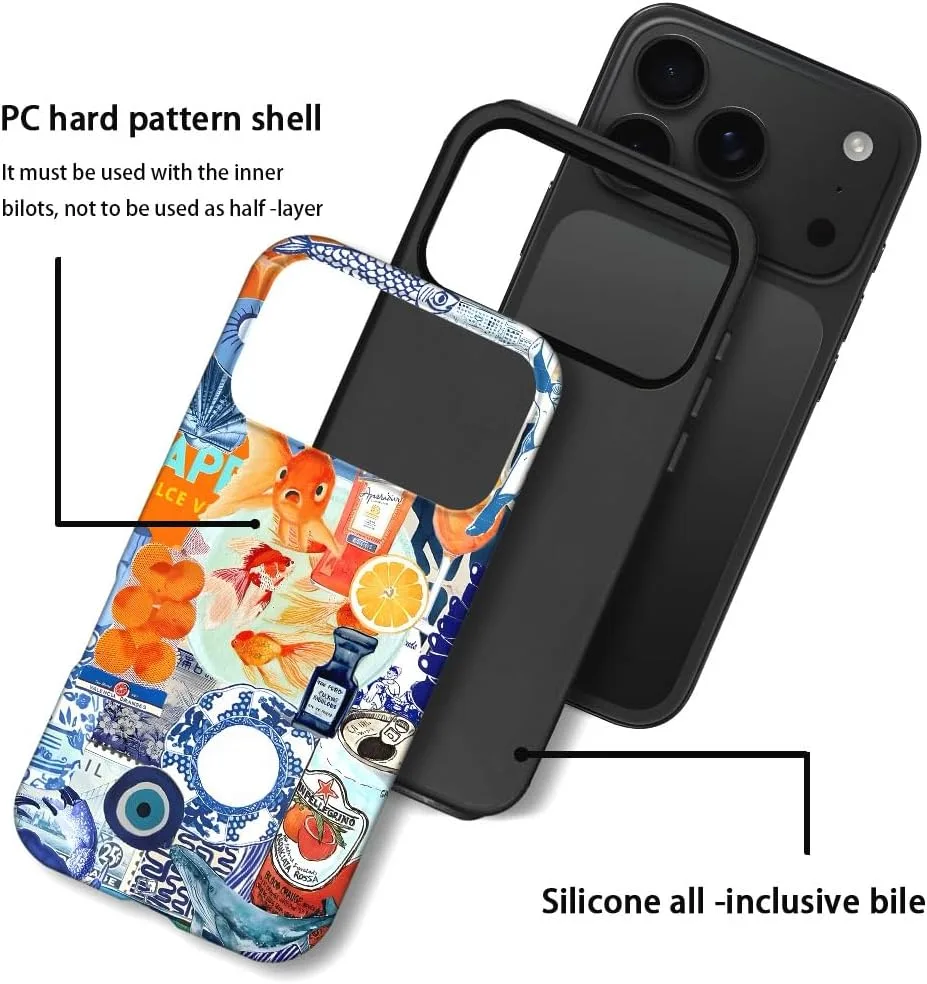 Case Compatible with iPhone 18 Pro/iPhone 17 Pro,Fall Prevention Hybrid 2-Layer Hard Shell Phone Cover for Girls Boys,Fish Orange Collage European