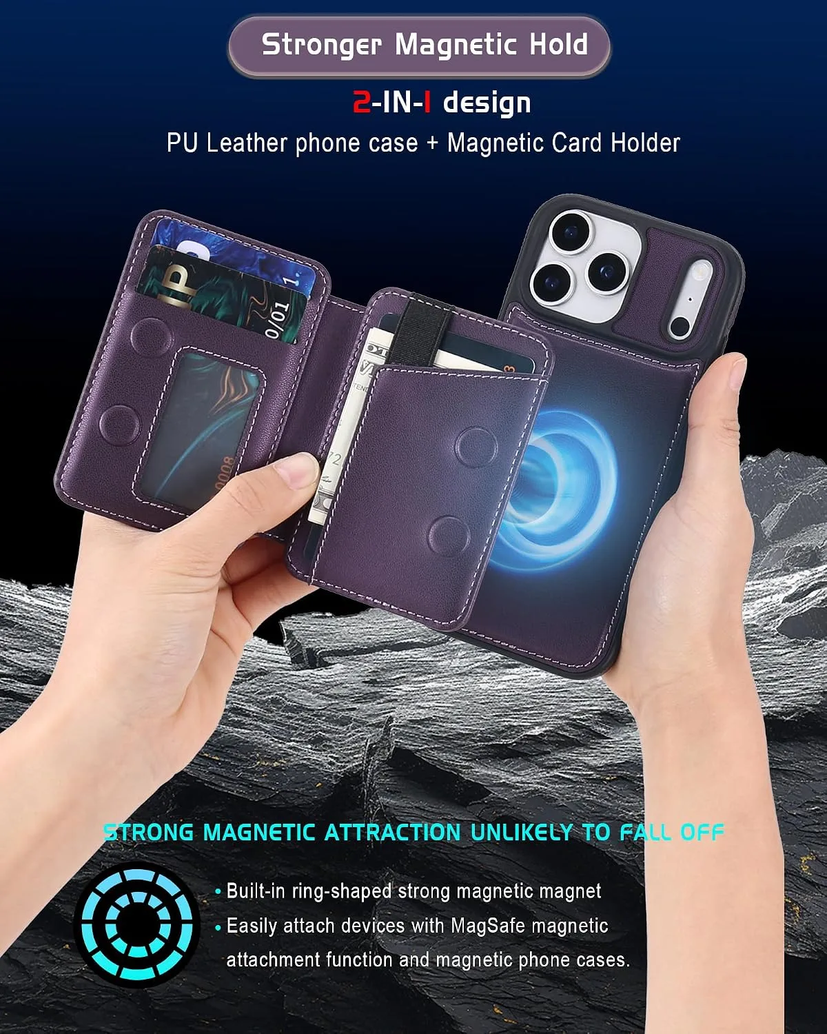 Magnetic Detachable Wallet Case for iPhone 18/17 Pro Max with Kickstand,2-in-1 MagSafe Compatible RFID Blocking Card Holder,Slim PU Leather Cover Vintage Purple