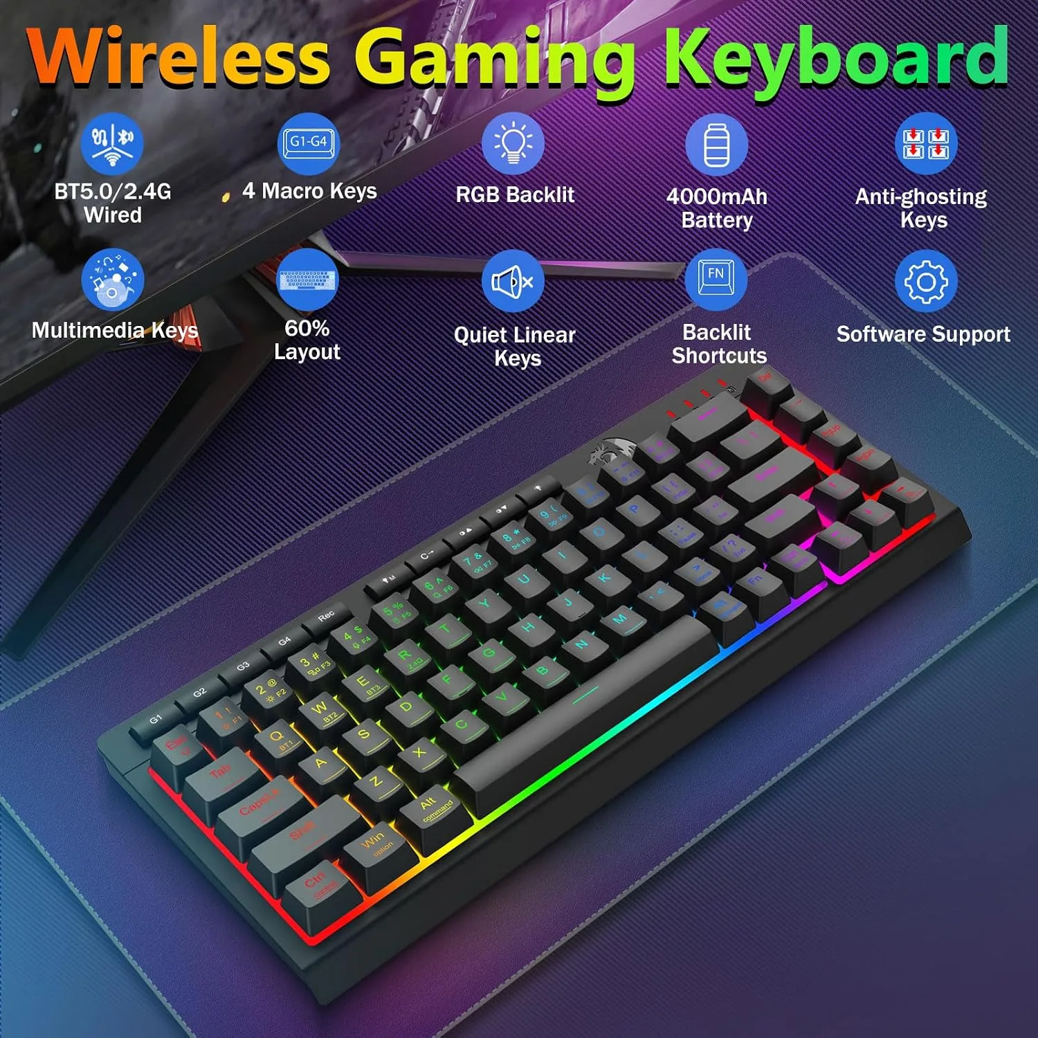 Redragon Wireless Gaming Keyboard and Mouse Combo, 60% Portable, Black
