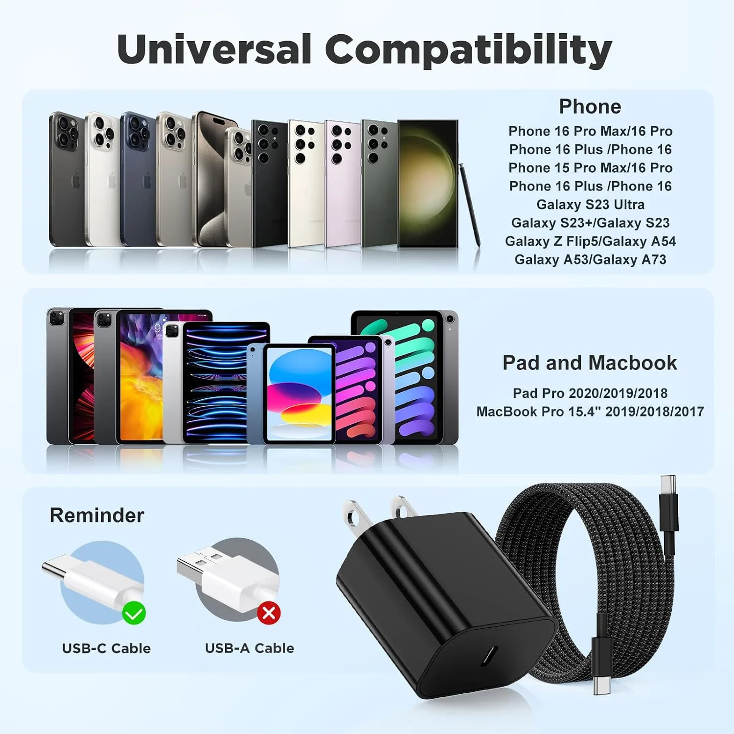 20W USB C Fast Charging for iPhone 17 Air/16/15 Pro Max,3Pack Colorful Mixed Charger Block with Braided Long USB C to C Cables (6/6/10ft) Compatible with iPhone16/15 Pro/15 Plus/iPad Pro