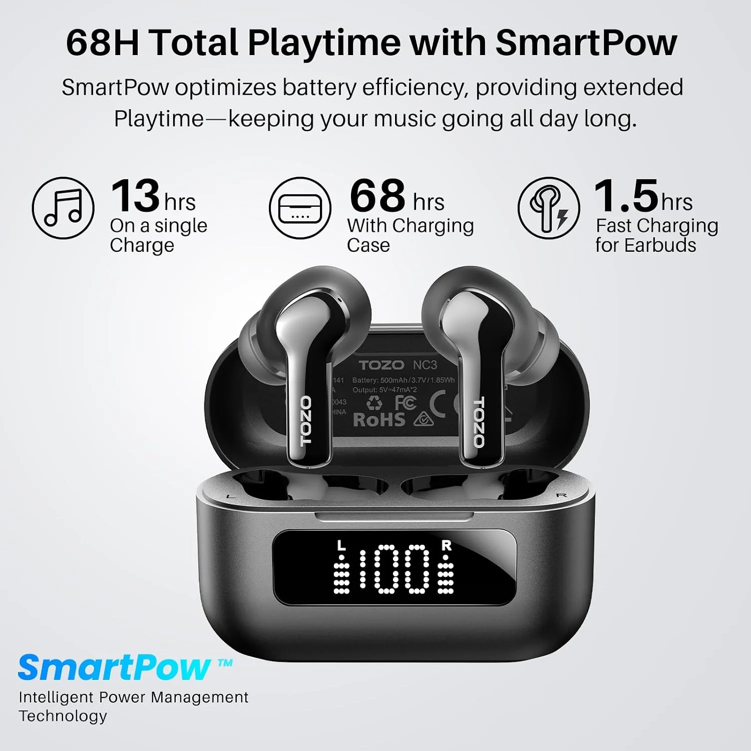 TOZO Hybrid Active Noise Cancelling in Ear Wireless Earbuds, 68H Playtime