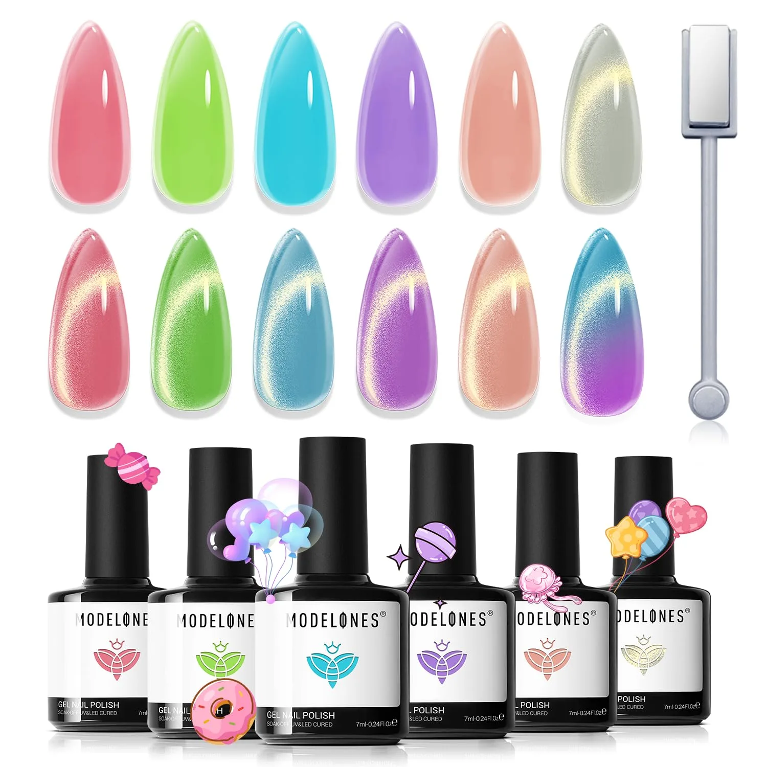 modelones Cat Eye Gel Nail Polish Set Jelly 6Colors Neon Sparkle