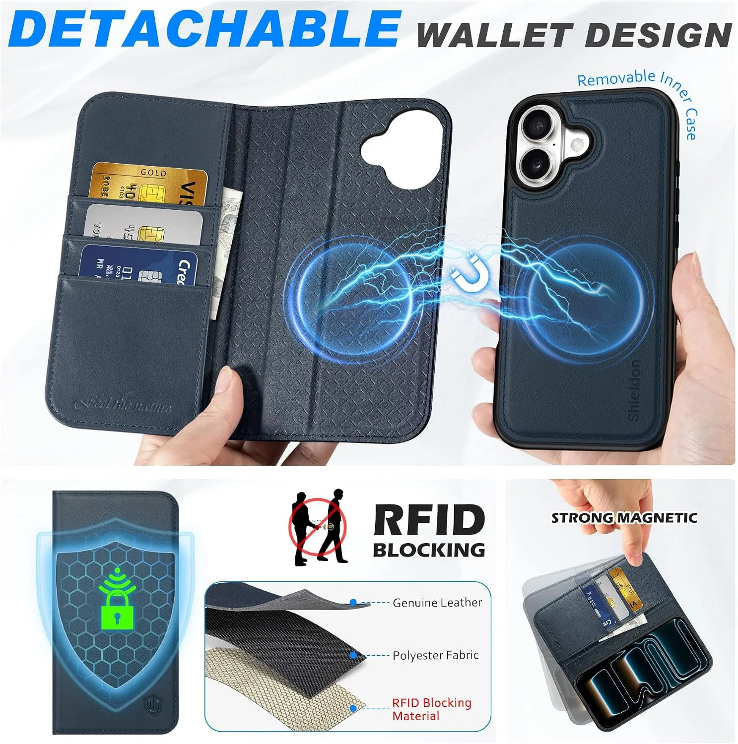 SHIELDON 2 in 1 Genuine Leather Wallet Case for iPhone 17 6.3", Navy Blue