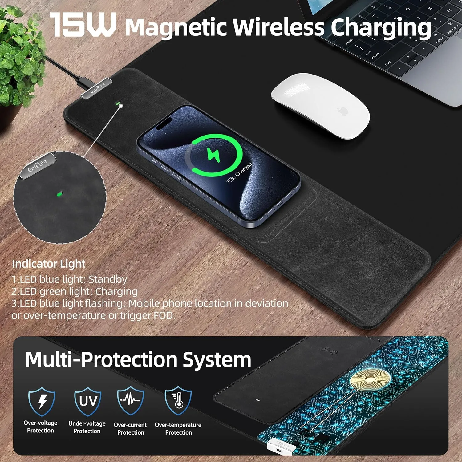 Wireless Charging Mouse Pad, Gaming Mouse Pad with Ultra-Smooth Surface, 31.5"x15.75" Large Desk Mat, Non-Slip Rubber Base, Waterproof Computer Keyboard Pad for Gaming, MacBook, Laptop, Desk