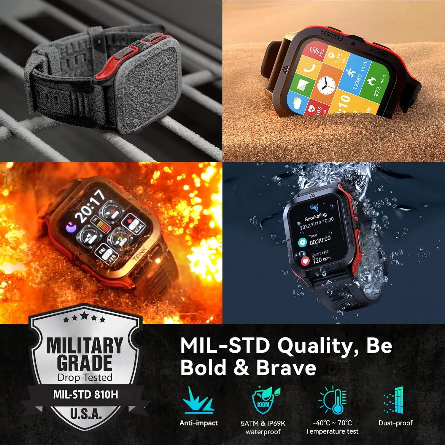 Smart Watch, 5 ATM & IP69K Waterproof, Extra-Long Battery Life