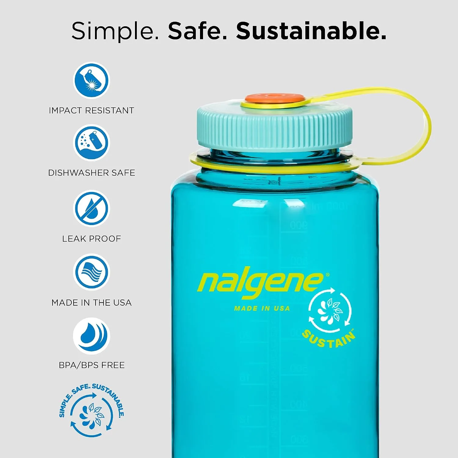Nalgene Sustain Tritan BPA-Free Water Bottle Made with Material Derived from 50% Plastic Waste, 32 OZ, Wide Mouth