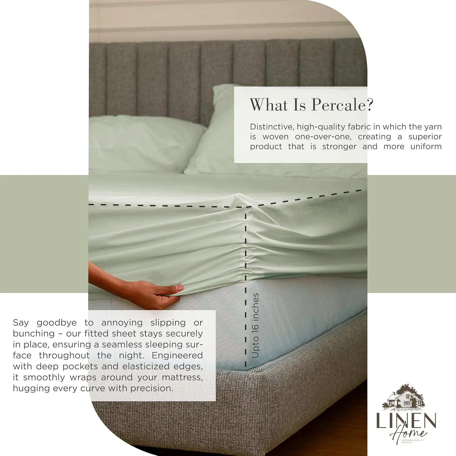Linen Home King Sheets 100% Cotton Percale, 4 Pc Cooling Set - Sage