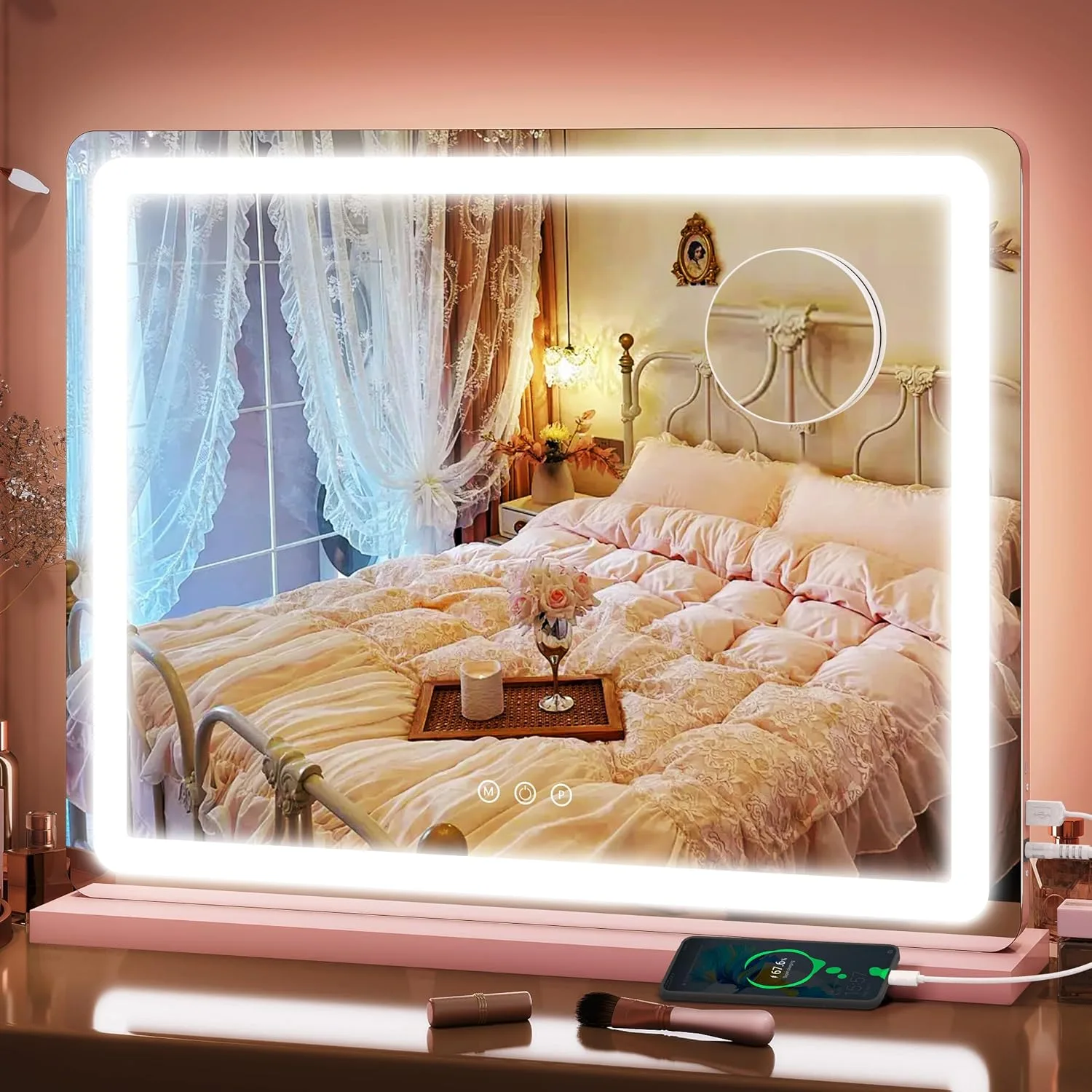 FENNIO 23" x 18" Vanity Mirror with Lights，LED Makeup Mirror，Hollywood Mirror with 3 Color Modes & Adjustable Brightness，Vanity Mirror Pink