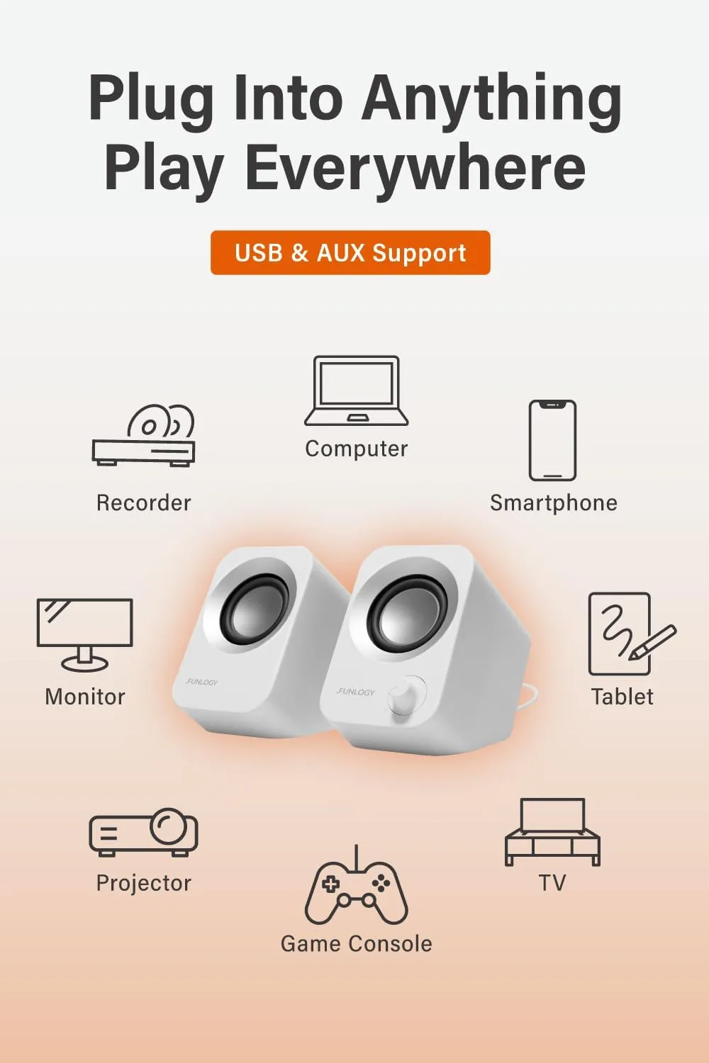 FUNLOGY Speaker - 14W Stereo PC Speakers, USB Powered, Compact Size with 30° Tilt Design, Volume Dial Control, for Desktop, Laptop, Monitor, Gaming Consoles, White