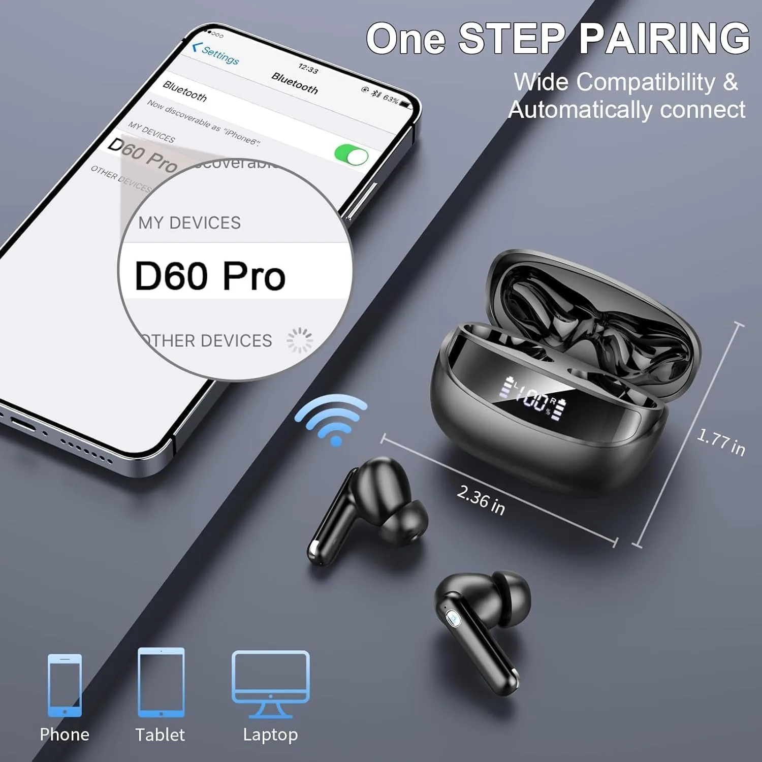 Jxrev Wireless Bluetooth 5.4 Earbuds, 6D Stereo Ear Buds, LED Power Display