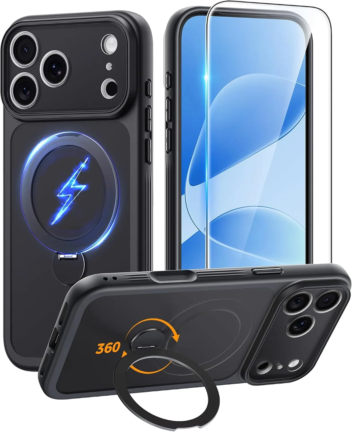 for iPhone 17 Pro Case with 360 Spin Stand, Black