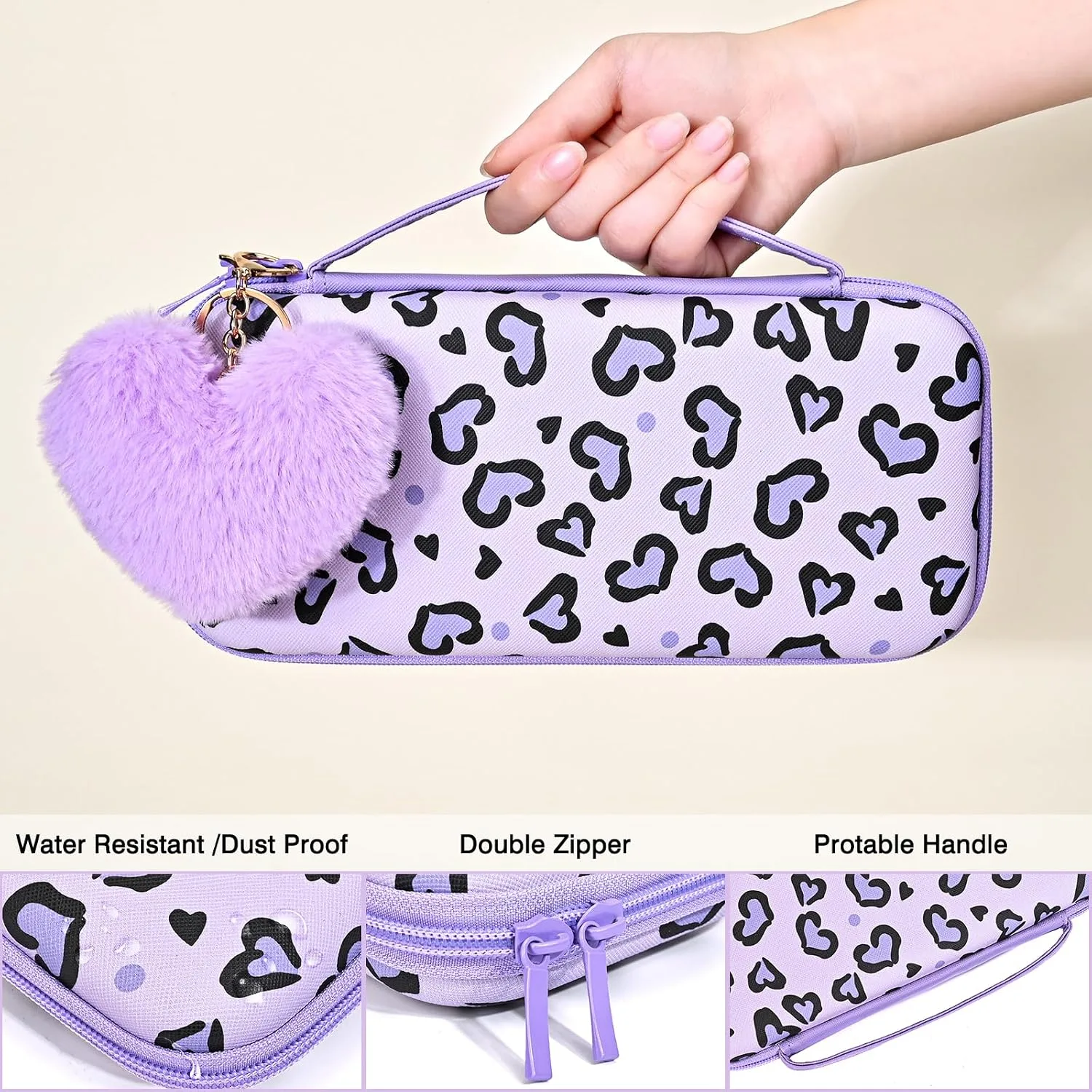 DLseego Love Heart Leopard Carrying Case for Switch 2017 Accessories Set, Portable Carrying Case with 1 Soft TPU Shell & 1PCS Plush Heart Pendant & 12 Slots & 4PCS Cat Paw Thumb Grips Caps- Purple
