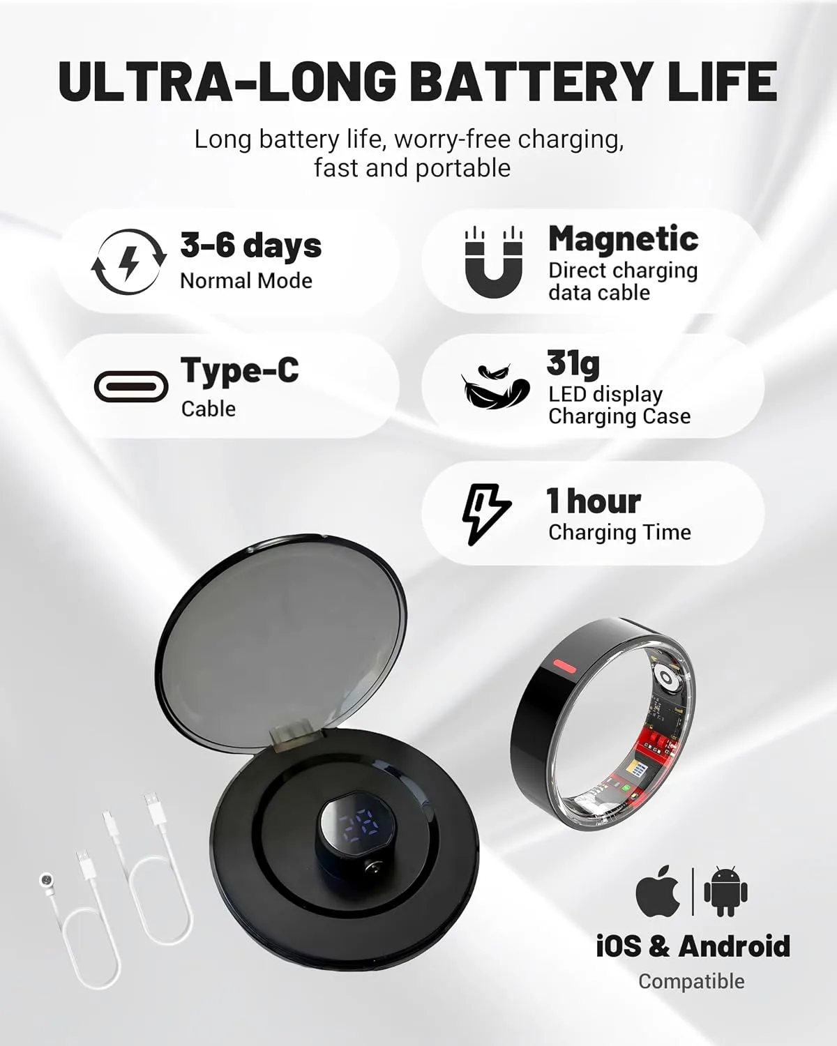 smart Ring with Charge Case Health Tracker for Men Women, Sleep Stress Exercise Health Monitoring, IP68 Waterproof, Long Battery Life, No Subscription, iOS Android Compatible, Black, 11#
