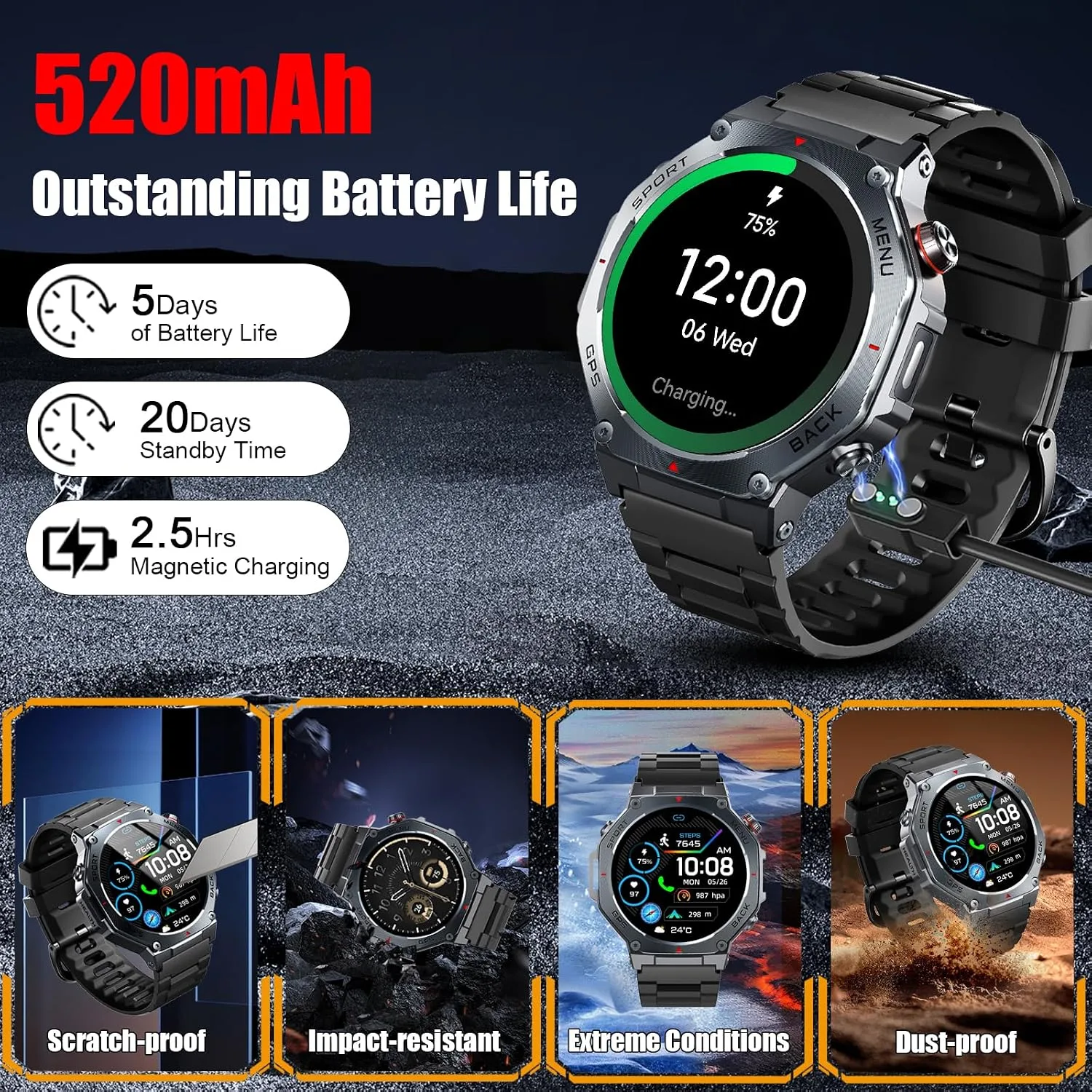 Jugeman Military Smart Watch for Men Built-in GPS with LED Flashlight-Black