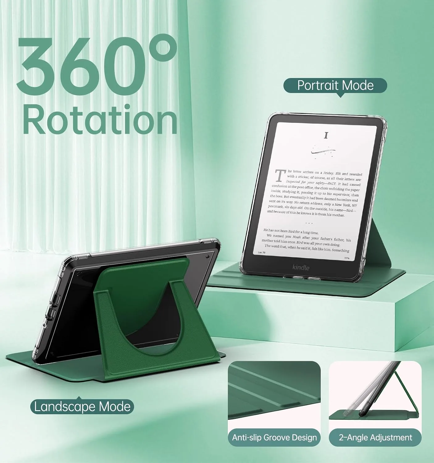 MoKo 360°Rotating Detachable Case for 7" eBook Reader, Lotus Leaf Green