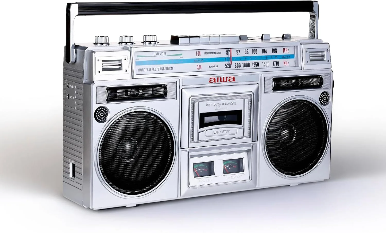 aiwa Portable Retro Boombox BackTrack Jr, Vintage Bluetooth Speaker with Cassette Player, Bluetooth, FM/AM Radio, USB & AUX for Home, Outdoor, and Travel Listening (Silver)