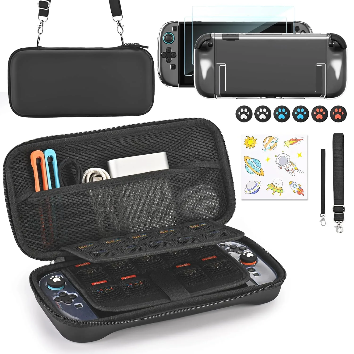 Younik Switch 2 Accessories Bundle, 15 in 1 Black Switch 2 Accessories Kit for Girls Include Switch 2 Carrying Case, Shoulder Strap, Wrist Strap & Stickers, Protective Case for Switch Console & J-Con