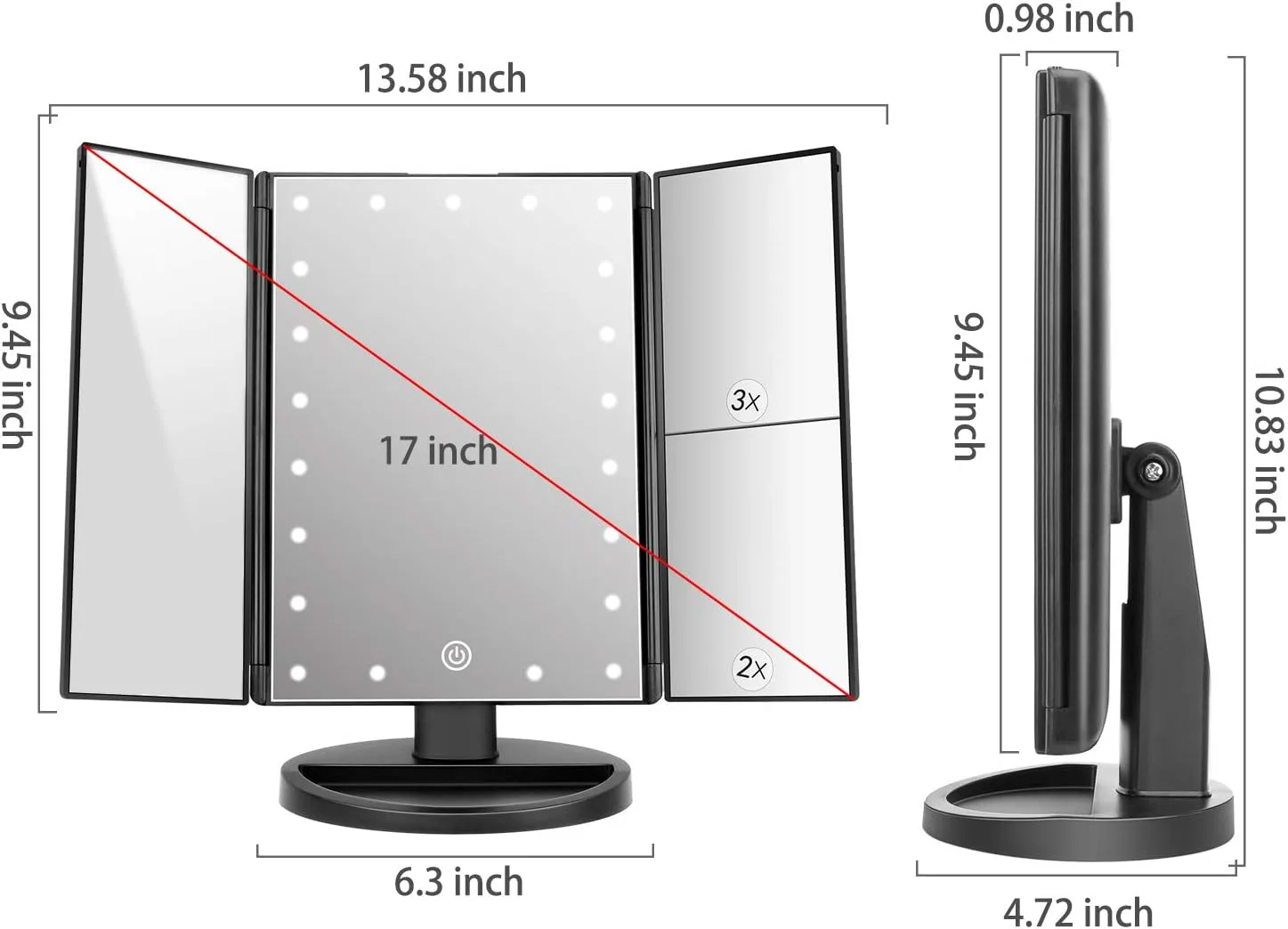 deweisn Tabletop Mount Trifold Lighted Vanity Mirror with 21 LED Lights, Touch Screen and 3X/2X/1X Magnification, Two Power Supply Mode Make up Mirror,Travel Mirror