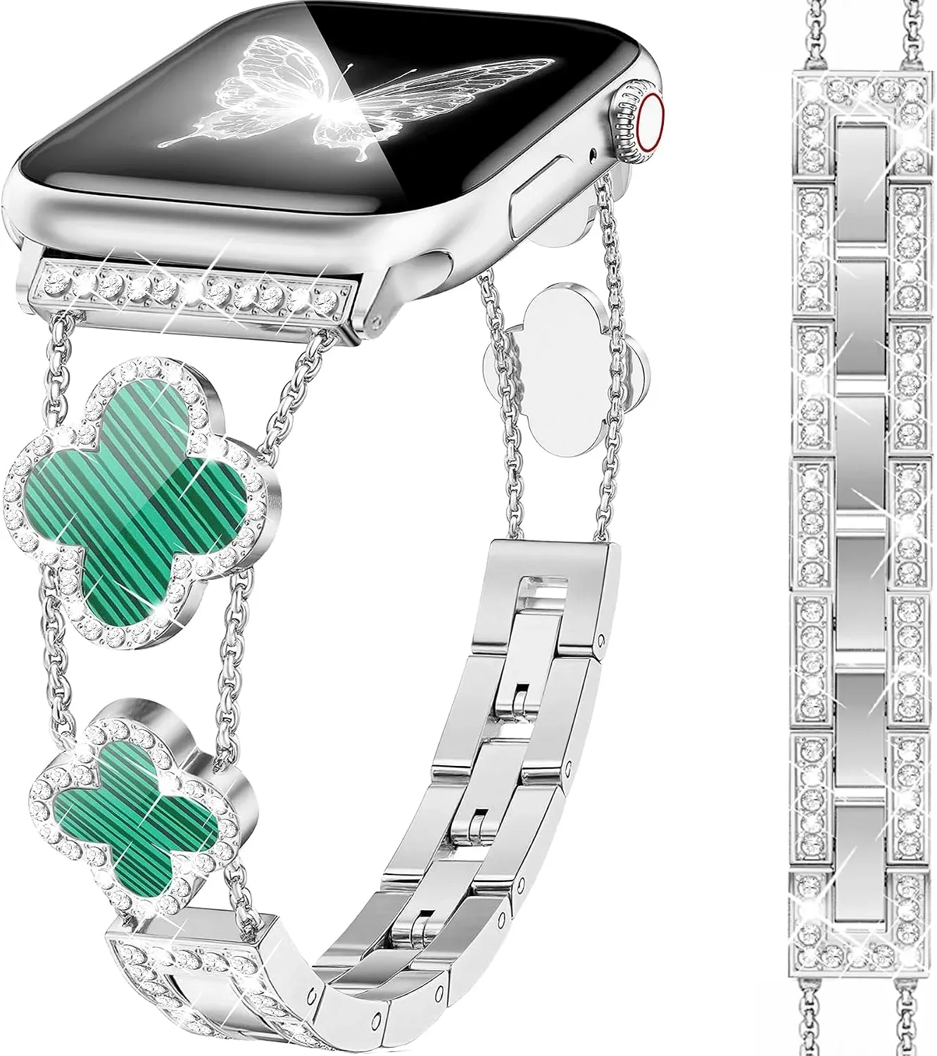 MOINSPIRE Silver Bling Diamond Clover Bands Women Compatible with Apple Watch 42mm(S3/2/1) 44/45/46/49mm Lucky Sparkle Dressy Bracelet Metal Strap for iWatch Series 11/10/9/8/7/6/5/4/SE/Ultra 3/2/1