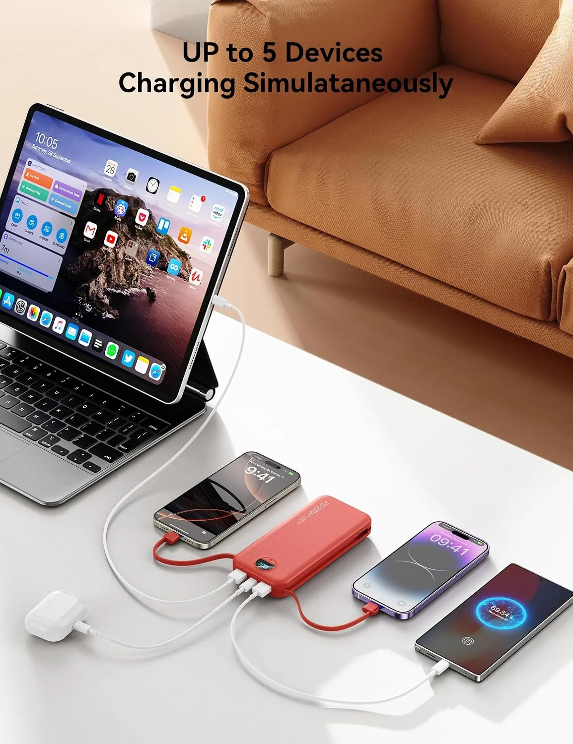 Portable Charger Power Bank 10000mAh with Built in Cables & Wall Plug
