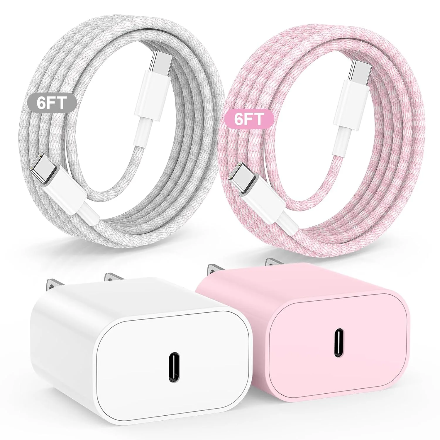 20W USB C Fast Charging for iPhone 17 Air/16/15 Pro Max,2Pack Colorful Mixed Charger Block with Braided Long USB C to C Cables (6/6ft) Compatible with iPhone16/15 Pro/15 Plus/iPad Pro